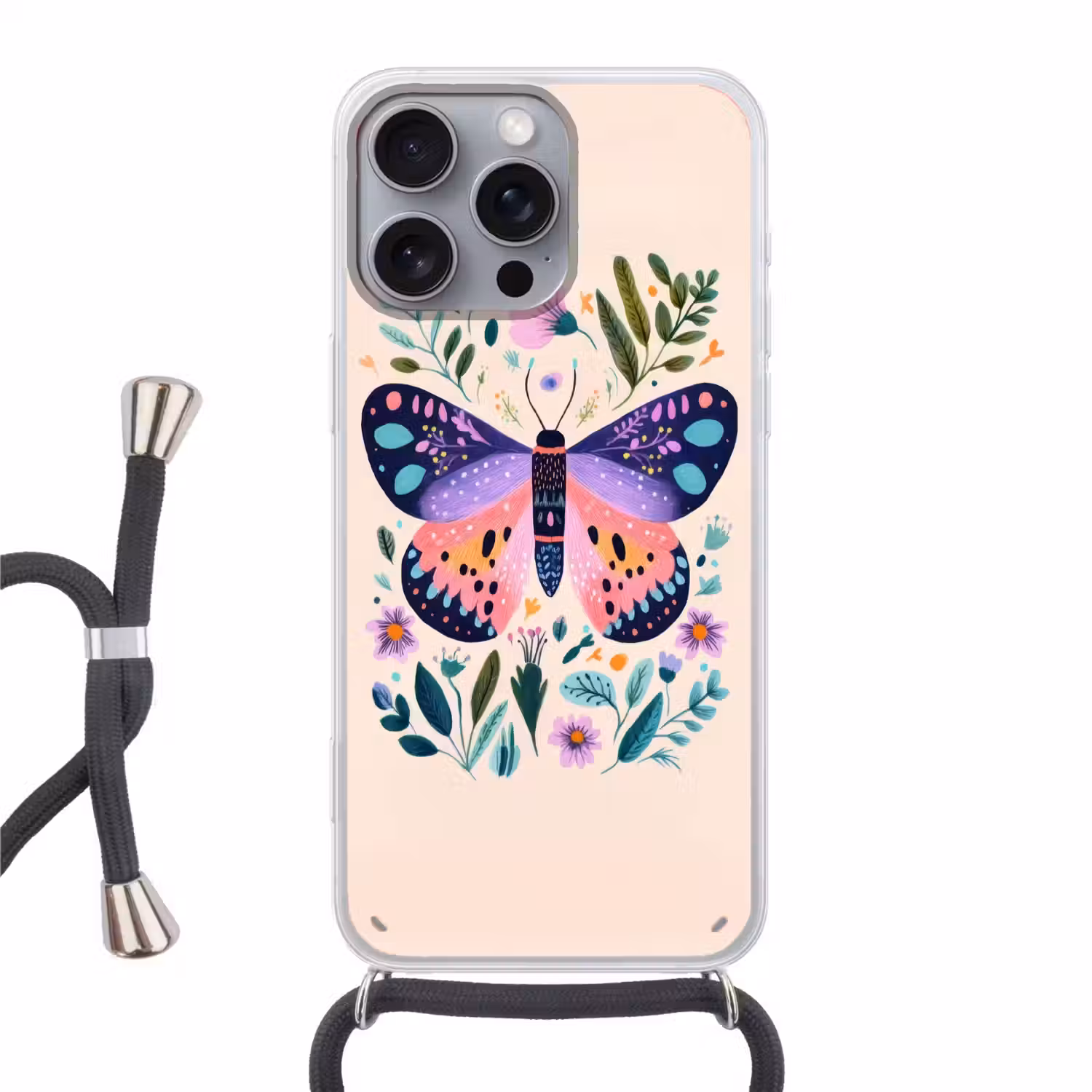 Bloemen - Bladeren - Vlinder - Kleurrijk Hoesje iPhone 16 Pro Max met koord klein -3d
