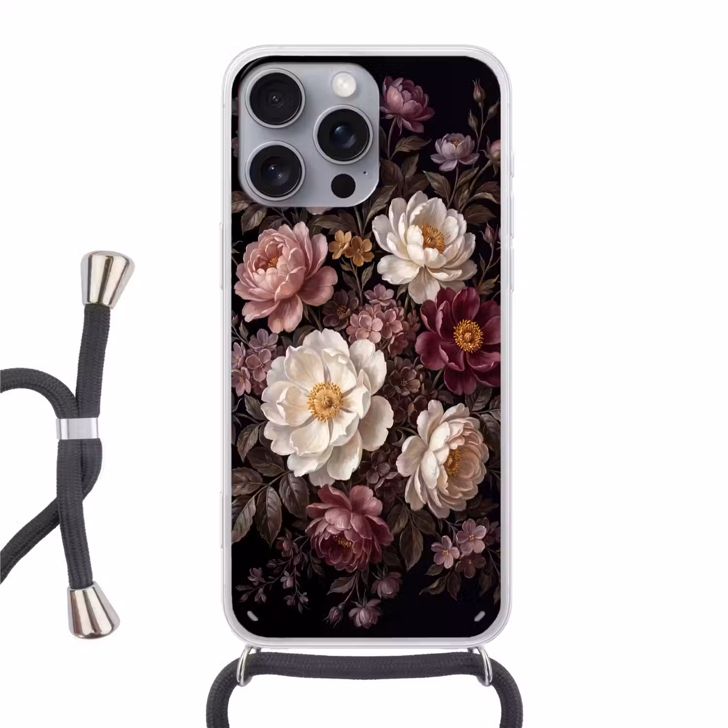Bloemen - Boeket - Klassiek - Donker - Rood Hoesje iPhone 16 Pro Max met koord klein -3d