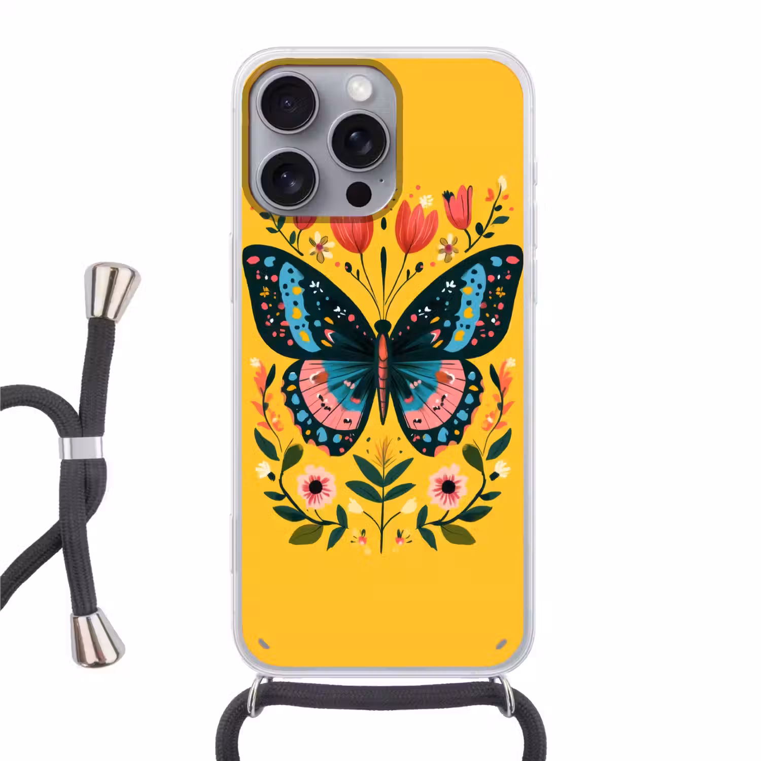 Bloemen - Kleurrijk - Vlinder - Sierlijk Hoesje iPhone 16 Pro Max met koord klein -3d