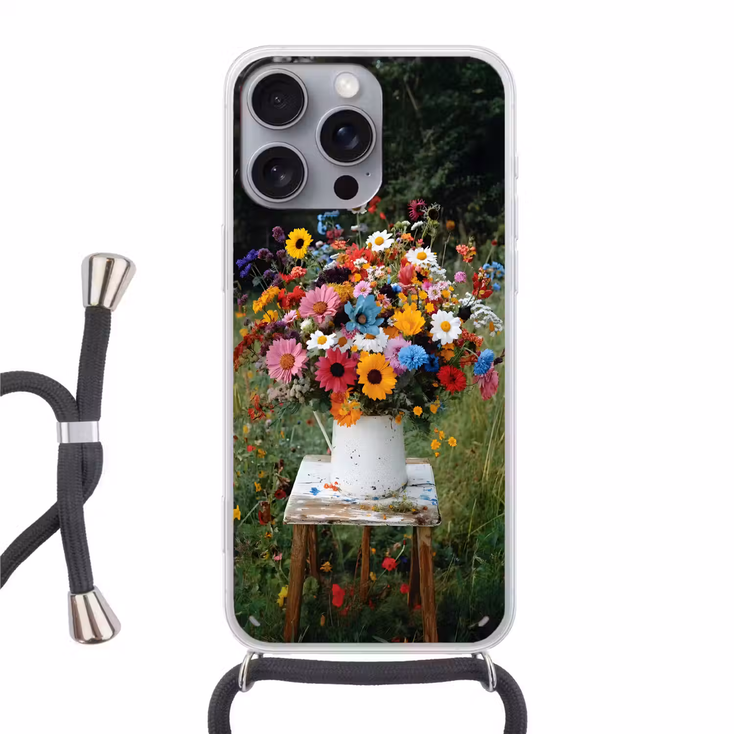 Bloemen - Krukje - Gieter - Veld Hoesje iPhone 16 Pro Max met koord klein -3d