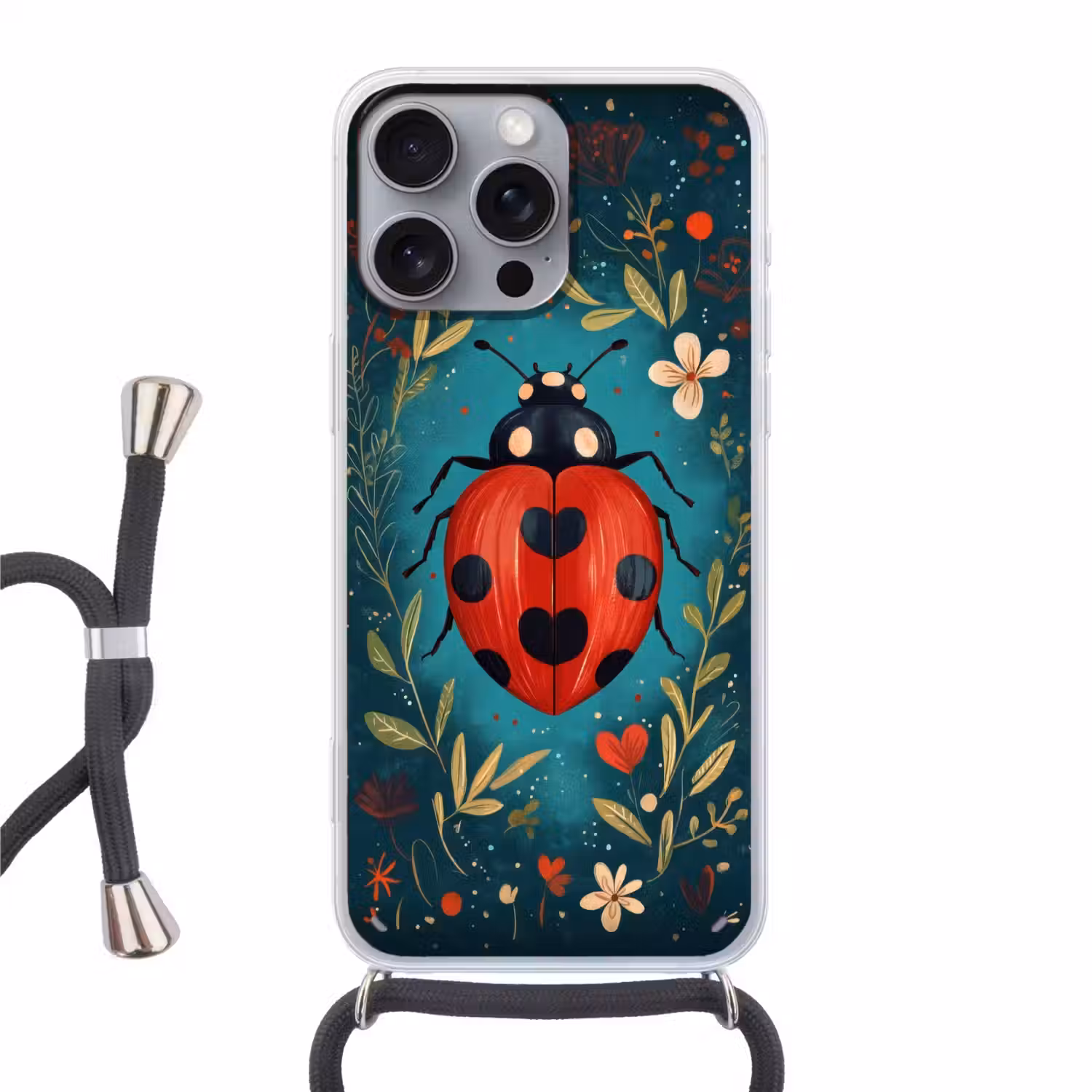 Bloemen - Lieveheersbeestje - Hartje - Rood Hoesje iPhone 16 Pro Max met koord klein -3d