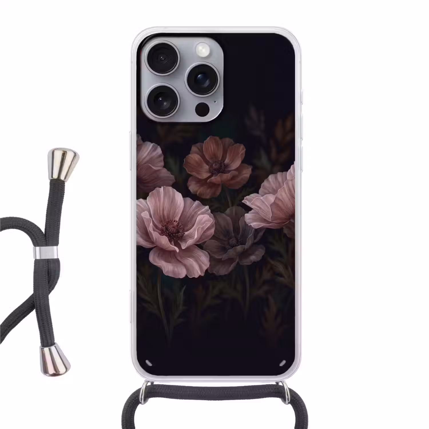 Bloemen - Natuur - Roze - Donker - Modern Hoesje iPhone 16 Pro Max met koord klein -3d