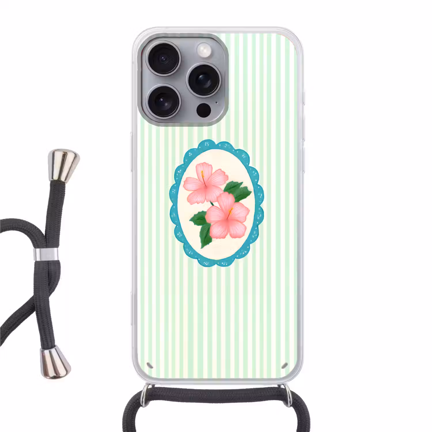 Bloemen - Ovaal - Strepen - Groen Hoesje iPhone 16 Pro Max met koord klein -3d