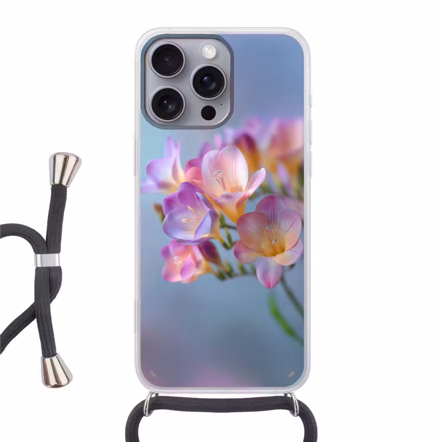 Bloemen - Paars - Overloop - Meeldraden Hoesje iPhone 16 Pro Max met koord klein -3d