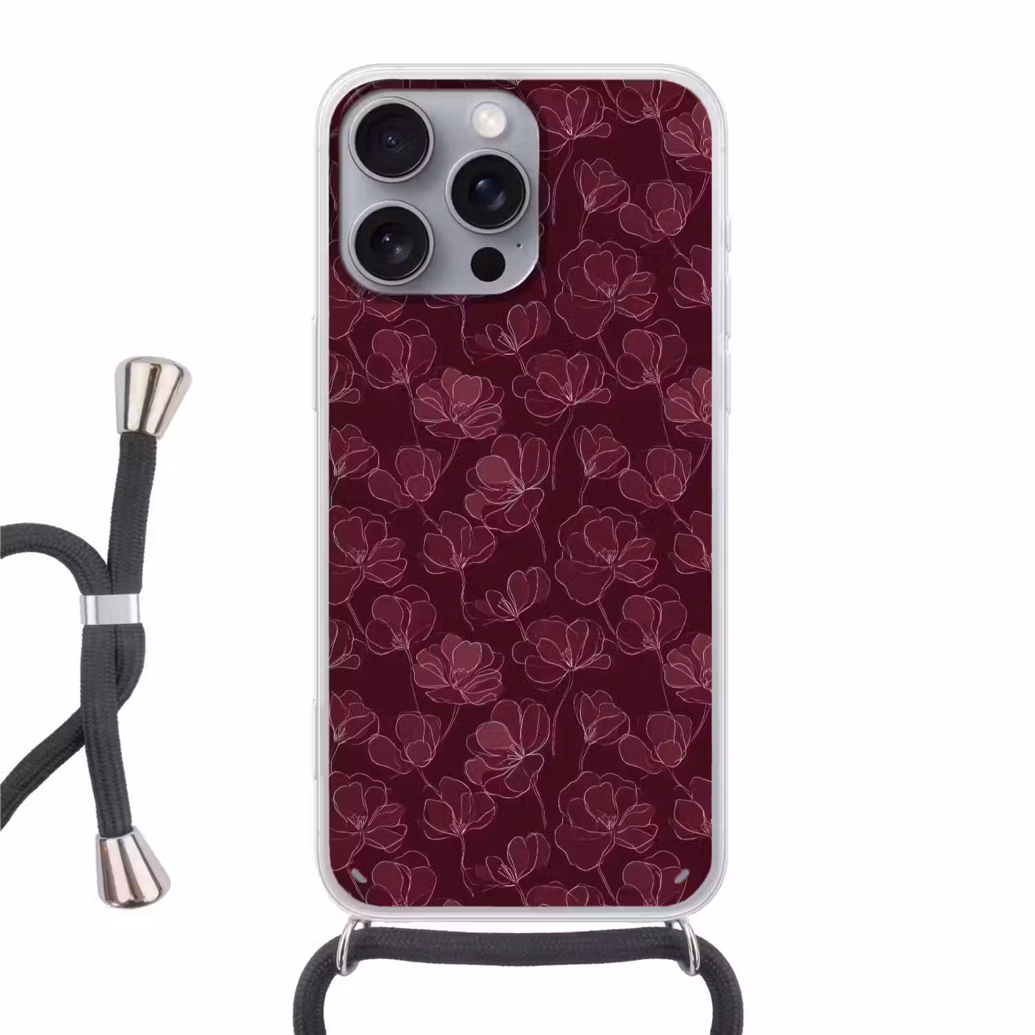 Bloemen - Patroon - Bordeauxrood Hoesje iPhone 16 Pro Max met koord klein 804 -3d