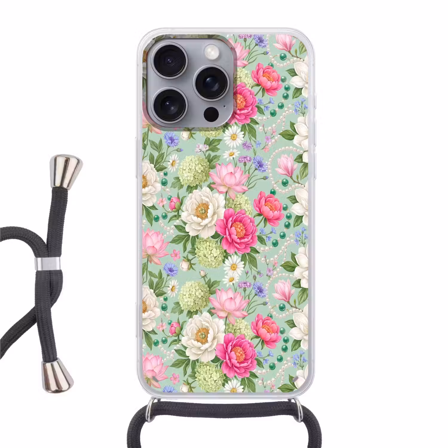 Bloemen - Patroon - Botanisch - Groen Hoesje iPhone 16 Pro Max met koord klein -3d