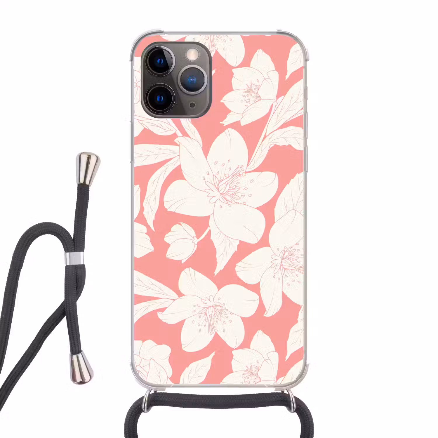 Bloemen - Patroon - Roze - Wit Hoesje iPhone 12 Pro met koord klein -3d