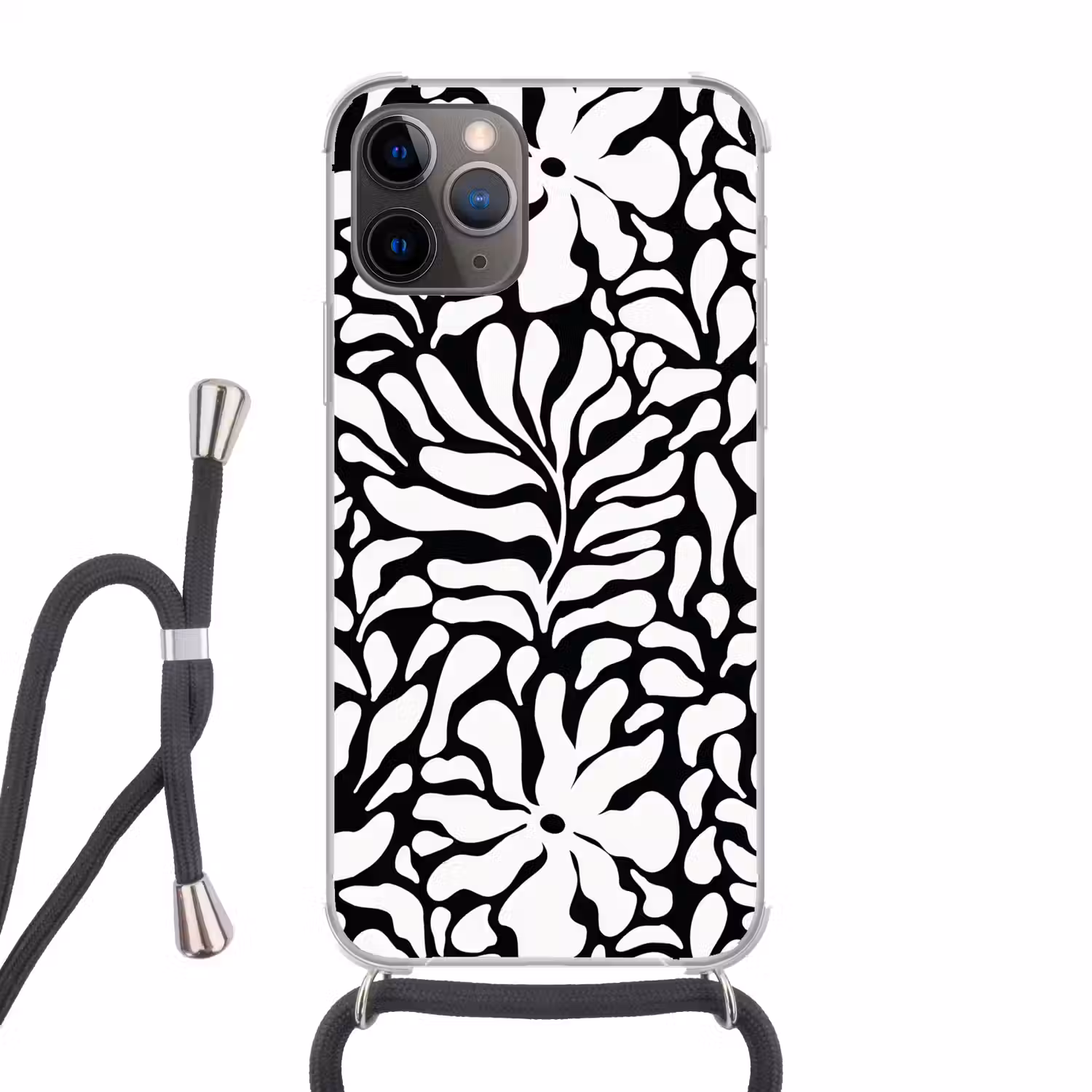 Bloemen print - Zwart - Wit - Bladeren Hoesje iPhone 12 Pro met koord klein -3d
