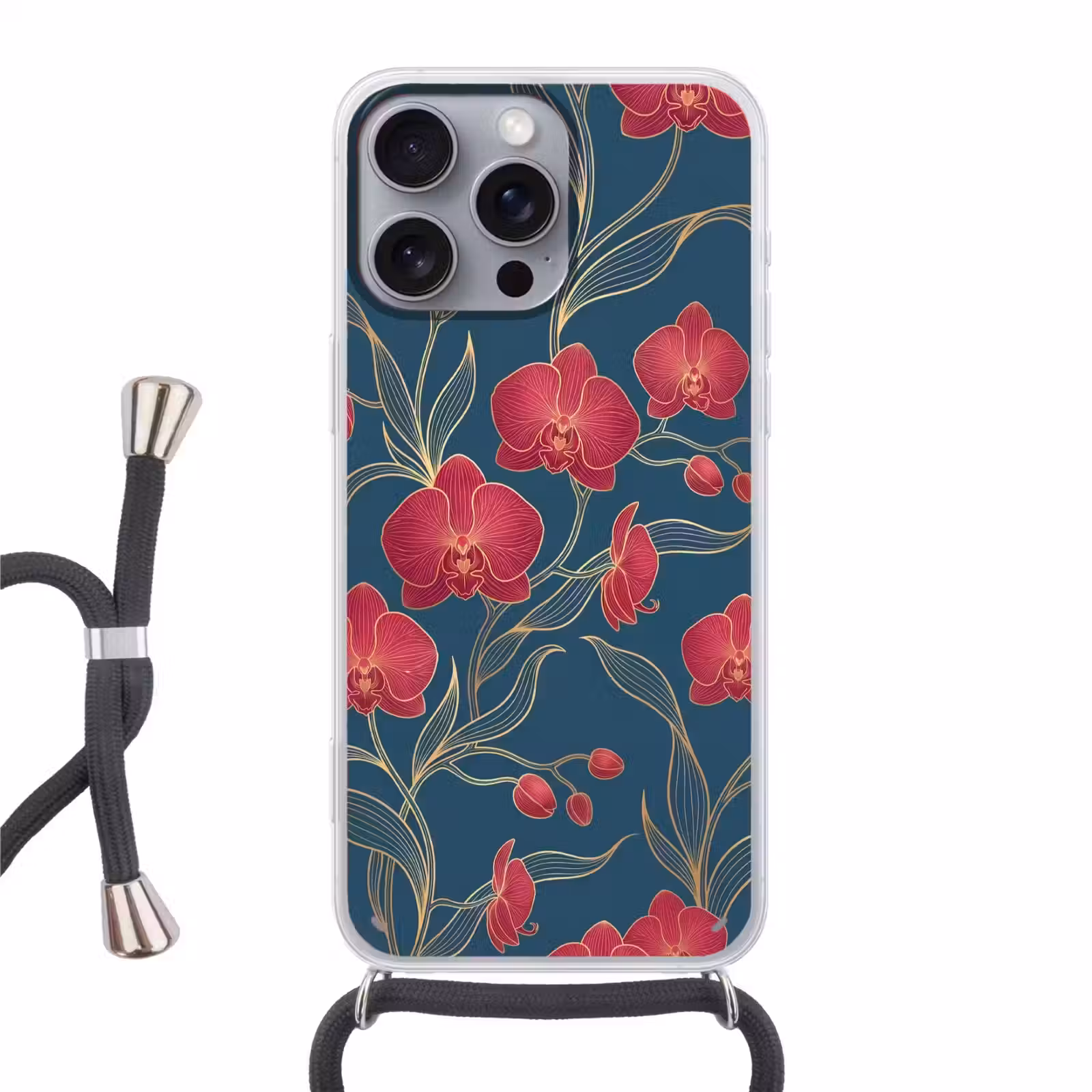 Telefoonhoesje met koord - Bloemen - Rood - Goud - Bloemen - Rood - Goud Hoesje iPhone 16 Pro Max met koord klein