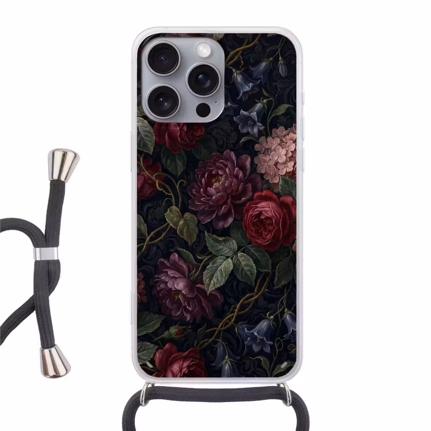 Bloemen - Rood - Klassiek - Donker - Patroon Hoesje iPhone 16 Pro Max met koord klein -3d