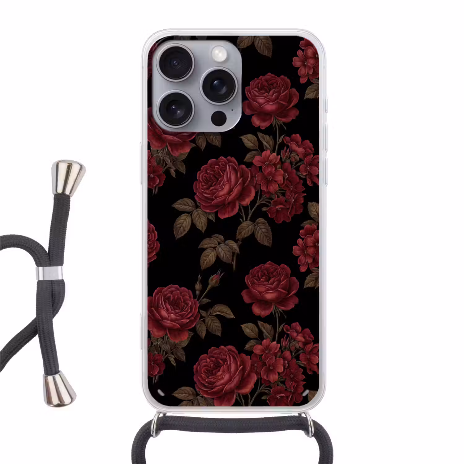 Bloemen - Roos - Patroon - Klassiek - Rood Hoesje iPhone 16 Pro Max met koord klein -3d