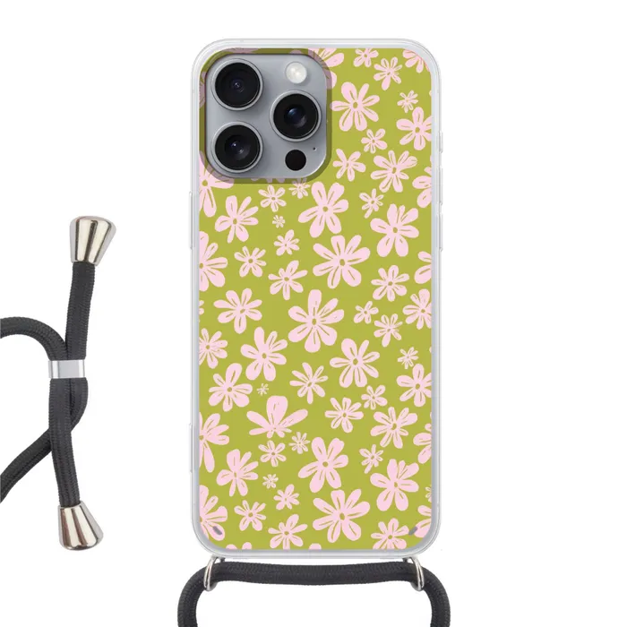 Bloemen - Roze - Getekend - Patroon Hoesje iPhone 16 Pro Max met koord klein -3d