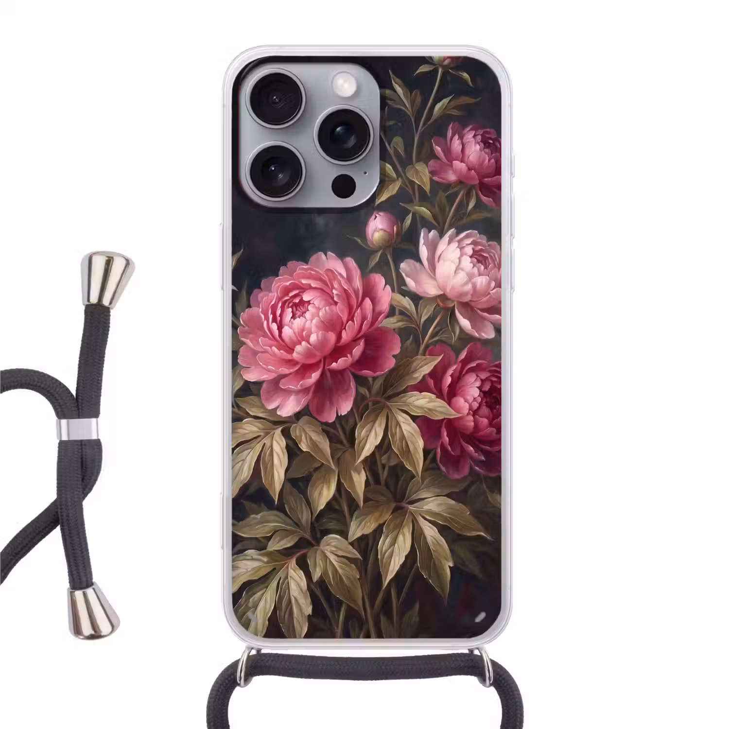 Bloemen - Roze - Klassiek - Natuur Hoesje iPhone 16 Pro Max met koord klein -3d