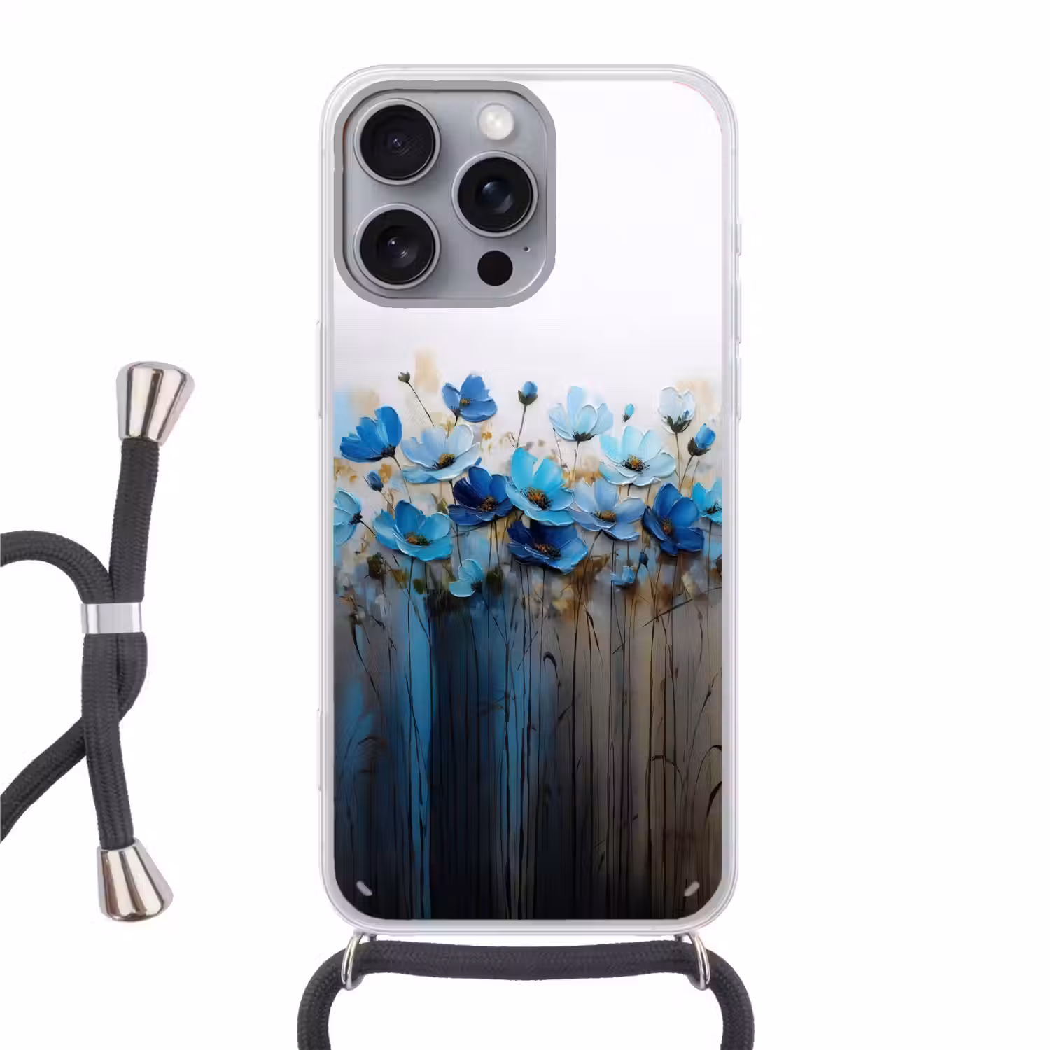 Bloemen - Schilderij - Blauw Hoesje iPhone 16 Pro Max met koord klein -3d