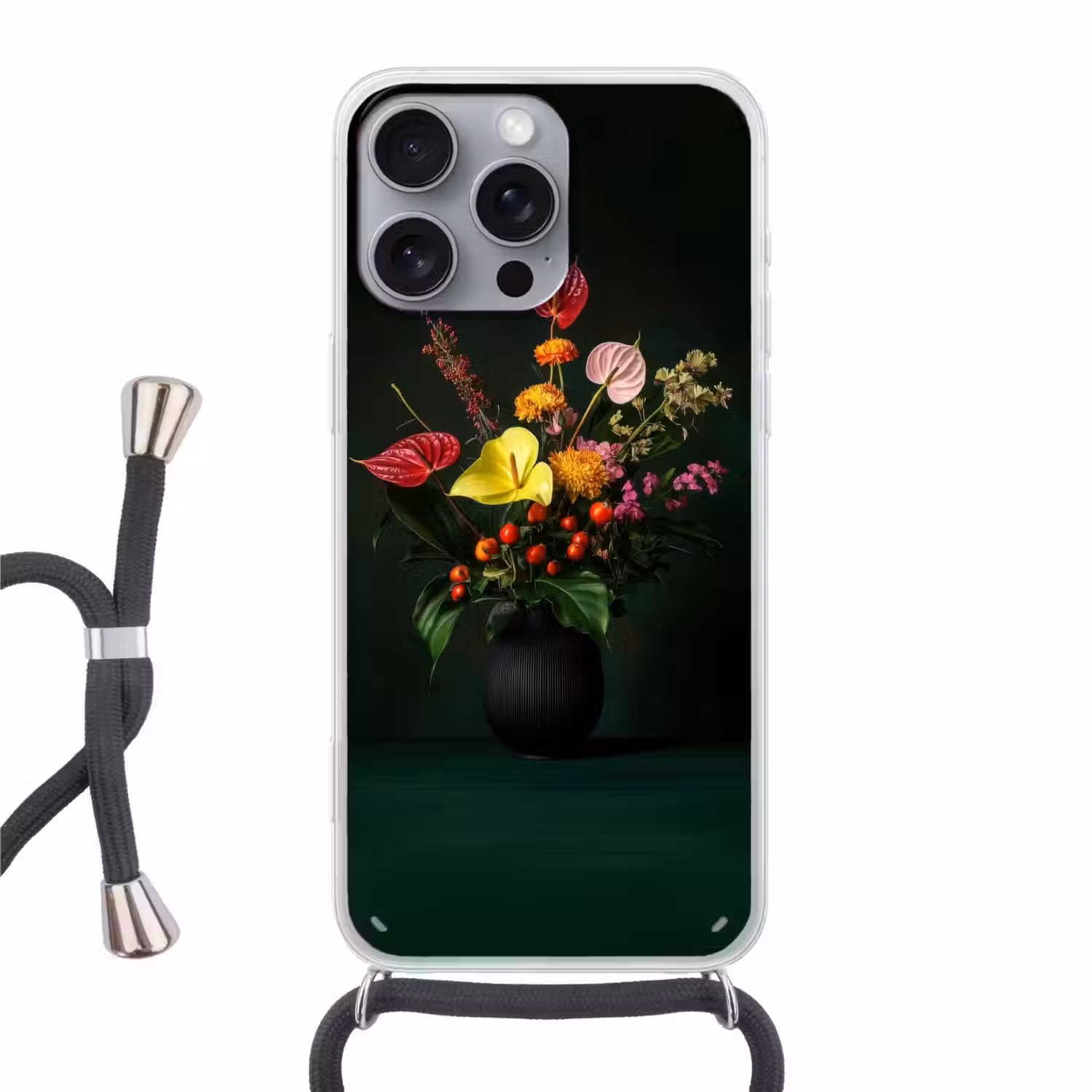 Bloemen - Vaas - Zwart Hoesje iPhone 16 Pro Max met koord klein -3d