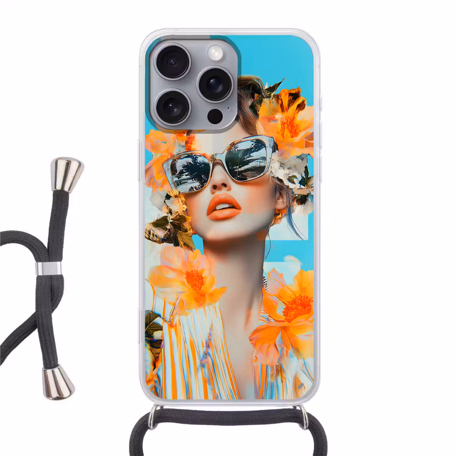 Bloemen - Vrouw - Zonnebril - Blauw Hoesje iPhone 16 Pro Max met koord klein -3d