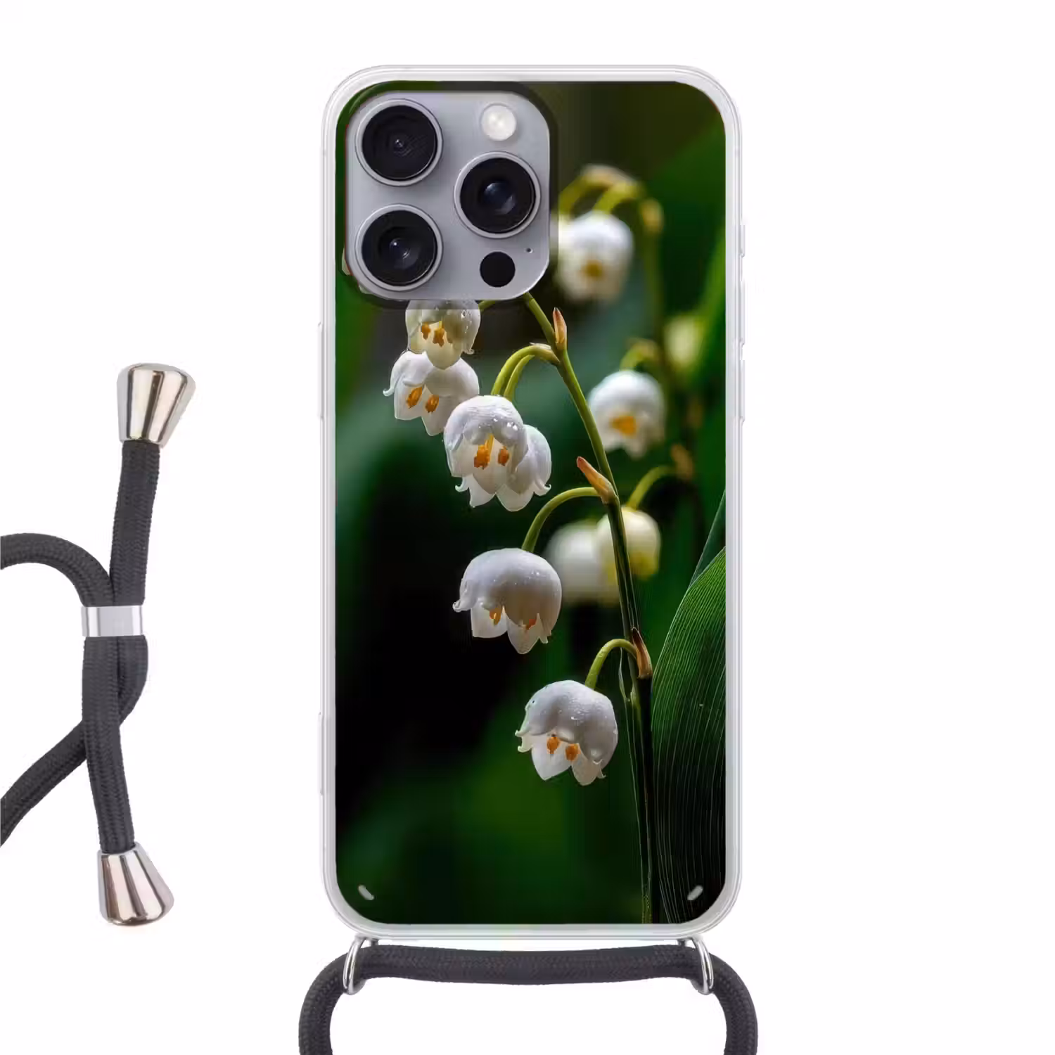 Bloemen - Wit - Bladeren - Lelietjes Hoesje iPhone 16 Pro Max met koord klein -3d
