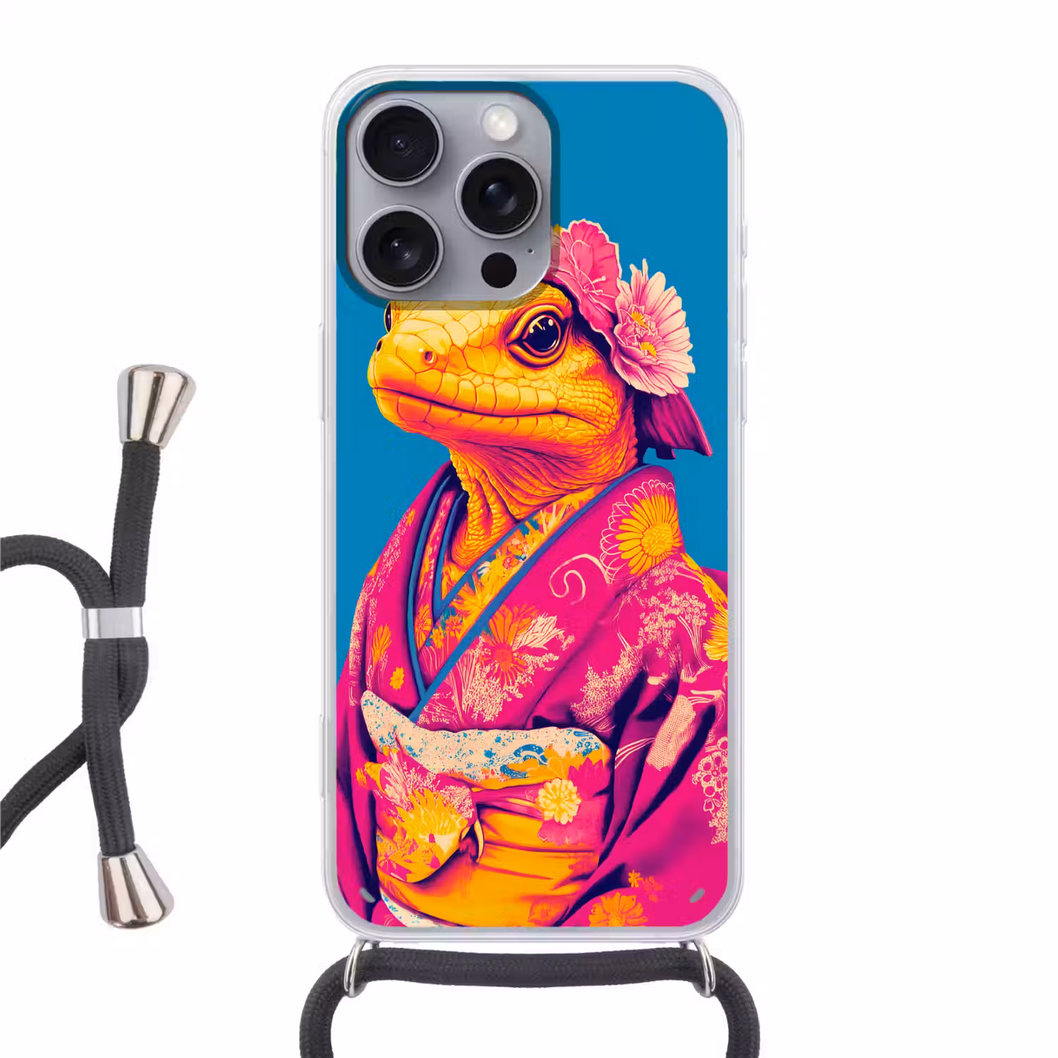 Bloemenkrans - Hagedis - Kimono - Paars Hoesje iPhone 16 Pro Max met koord klein -3d