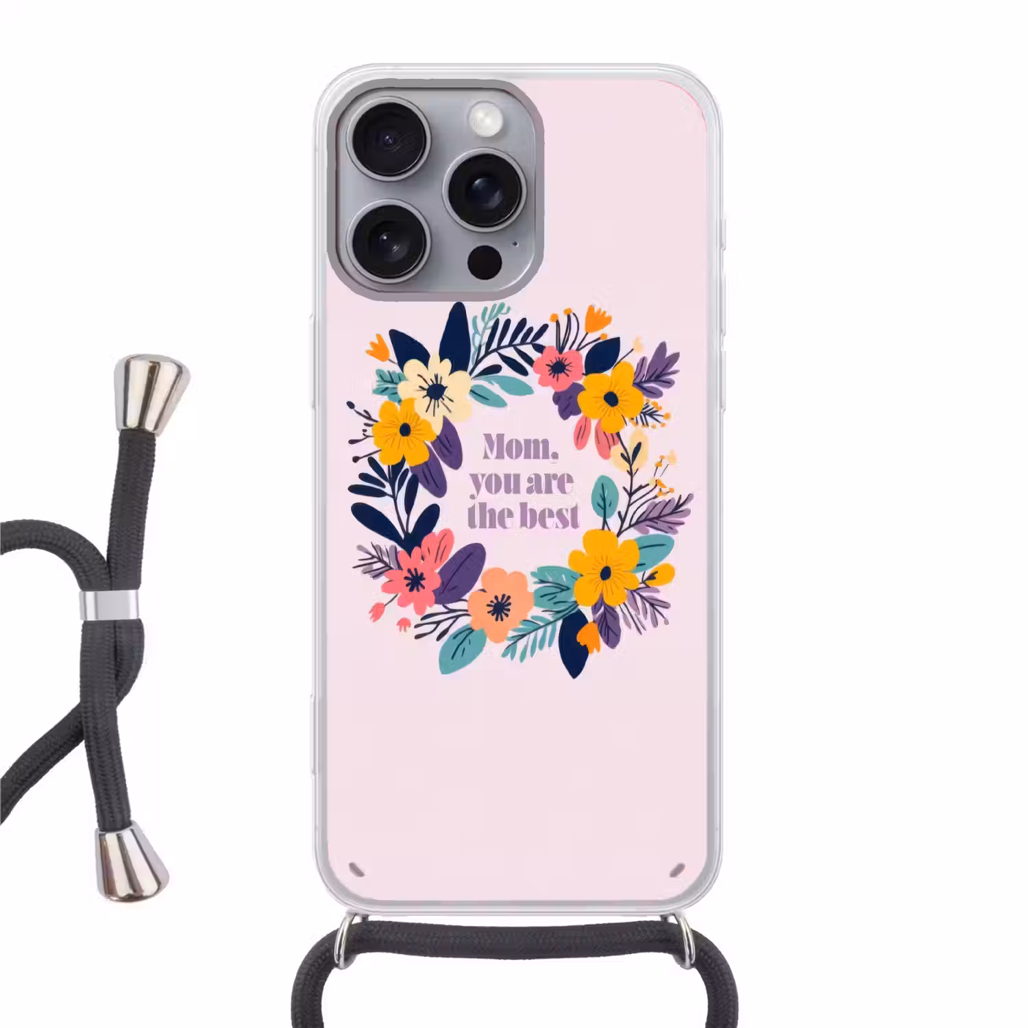 Bloemenkrans - Kleurrijk - Moeder Hoesje iPhone 16 Pro Max met koord klein -3d