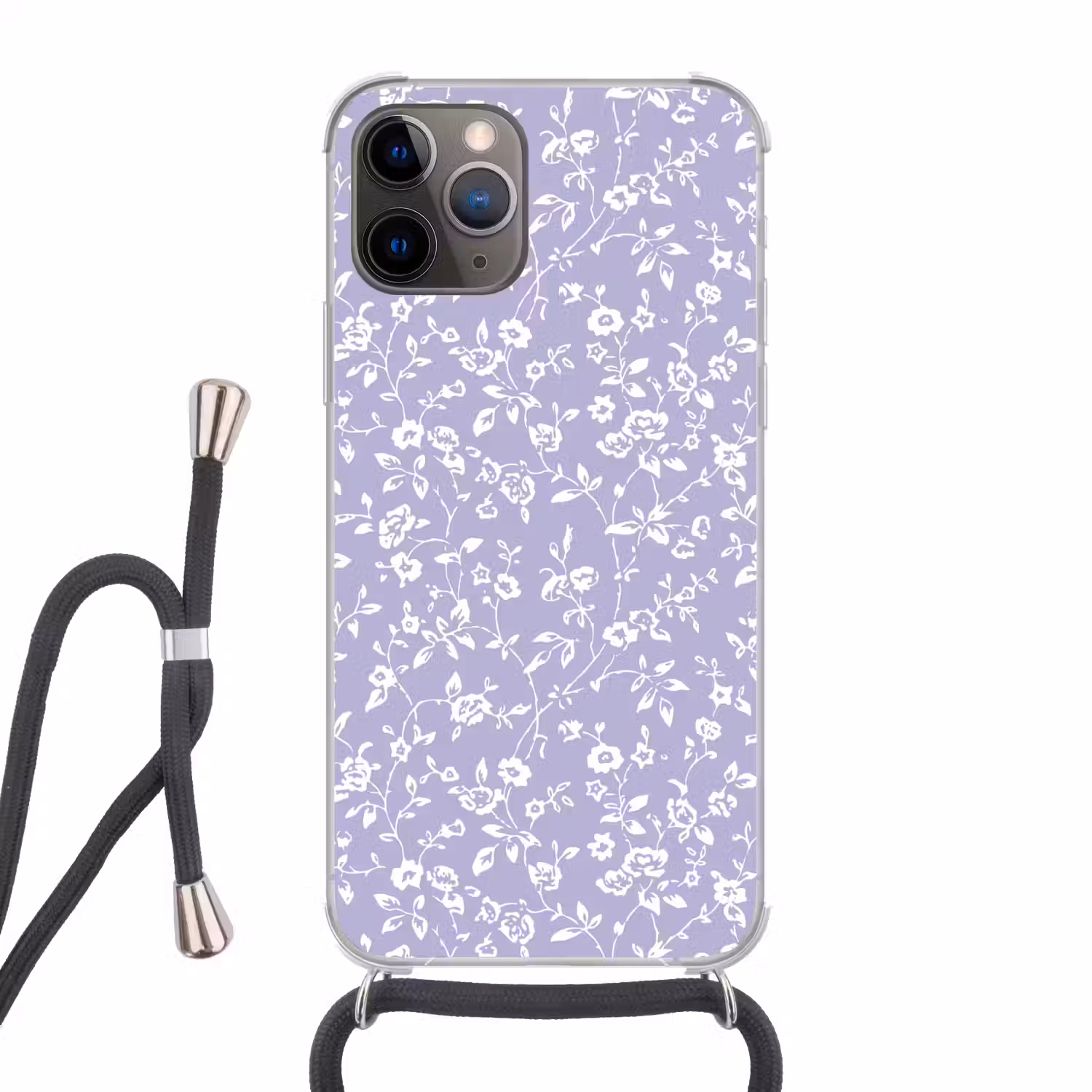 Bloemenpatroon - Paars - Wit - Bloemen Hoesje iPhone 12 Pro met koord klein -3d