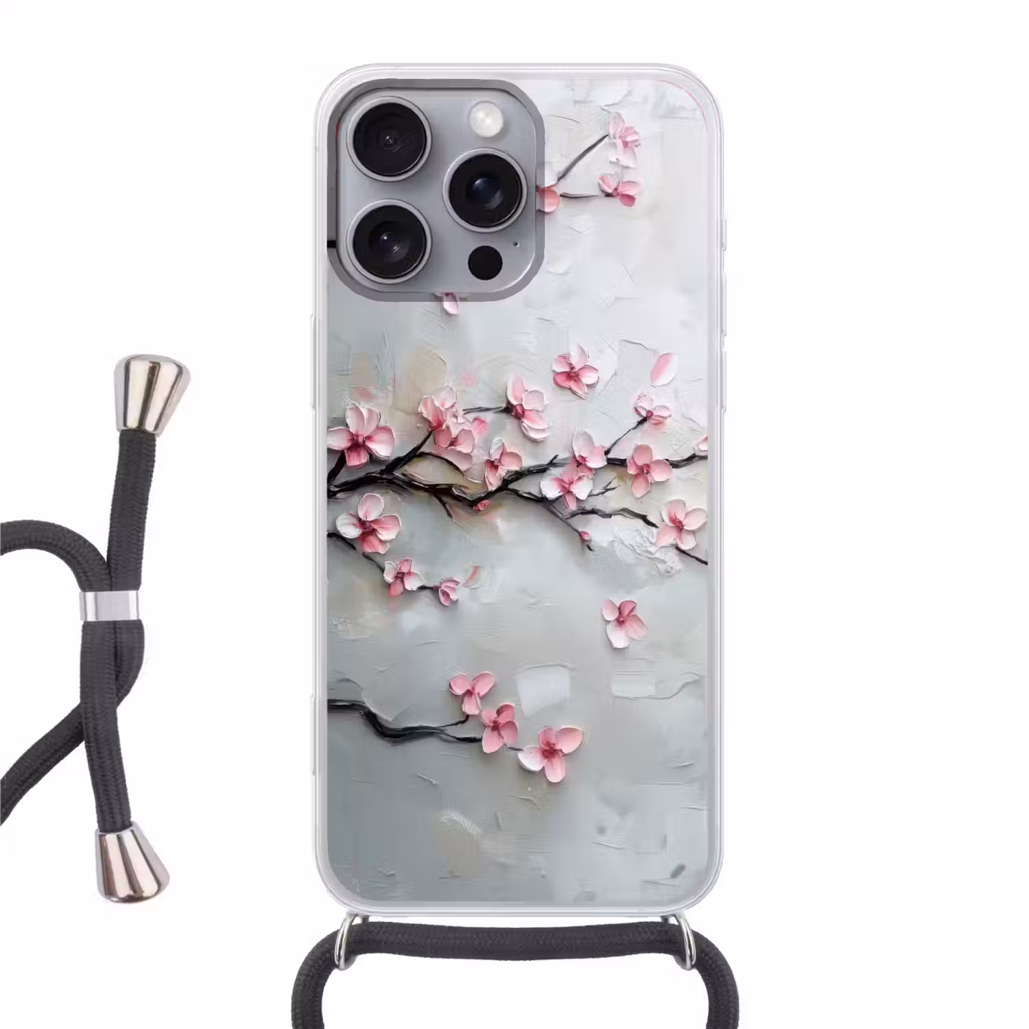 Bloesem - Kunstzinnig - Roze - Sakura Hoesje iPhone 16 Pro Max met koord klein -3d