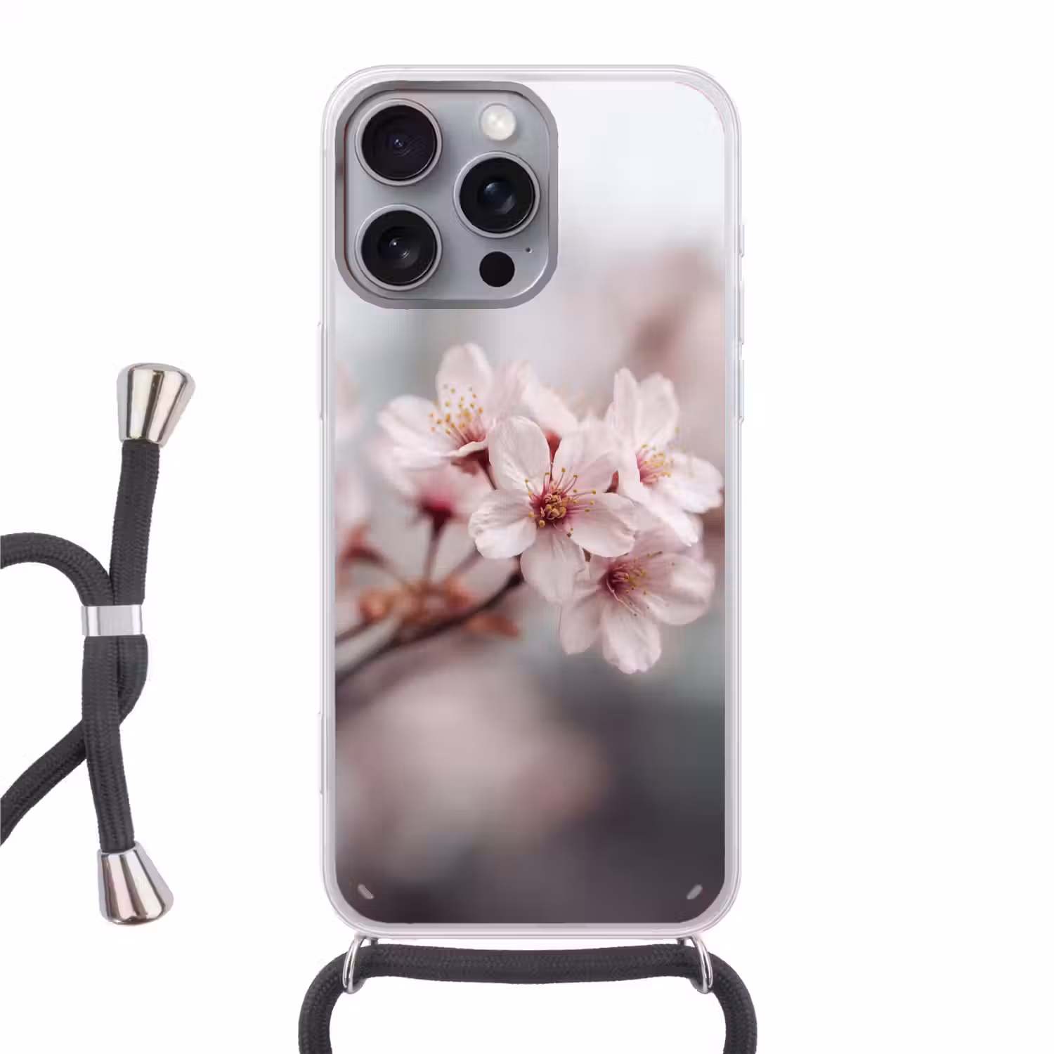 Bloesems - Meeldraden - Geel - Wazig Hoesje iPhone 16 Pro Max met koord klein -3d