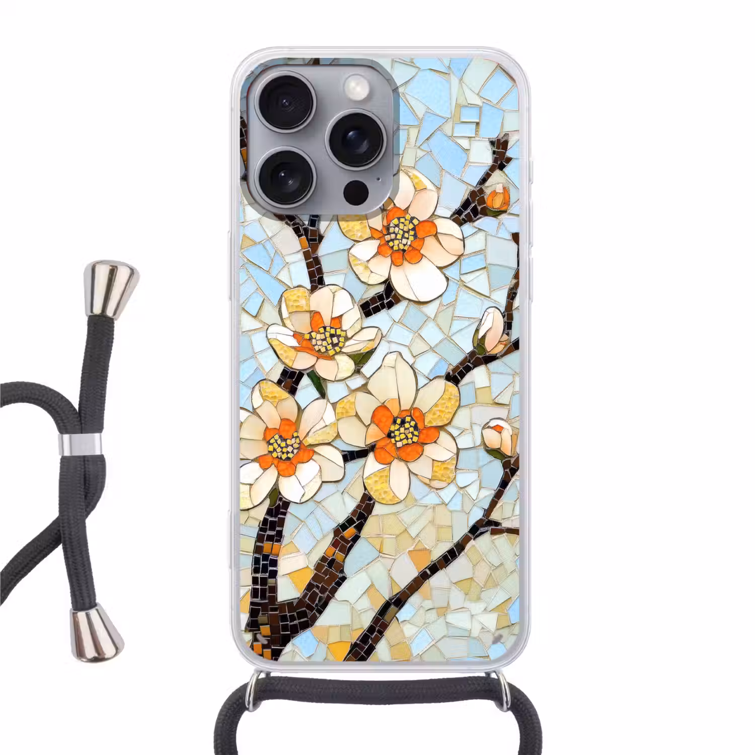 Bloesems - Wit - Mozaïek - Tak Hoesje iPhone 16 Pro Max met koord klein -3d