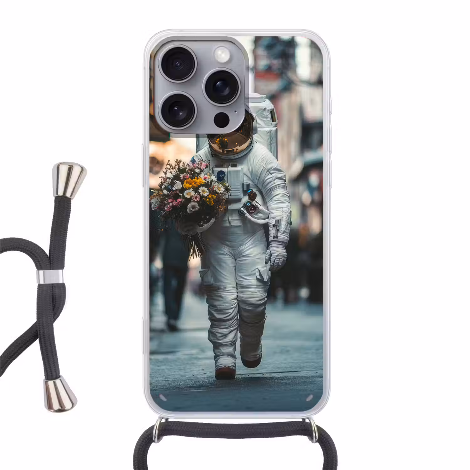 Boeket - Bloemen - Kleurrijk - Astronaut Hoesje iPhone 16 Pro Max met koord klein -3d