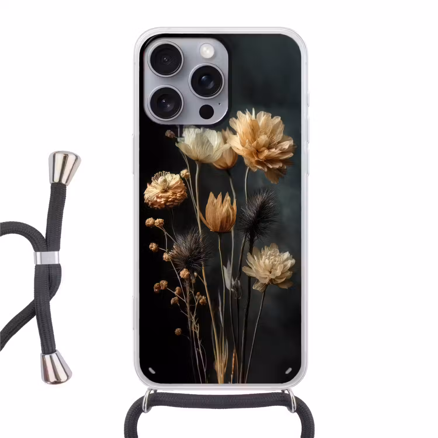 Boeket - Bloemen - Licht - Zwart Hoesje iPhone 16 Pro Max met koord klein -3d
