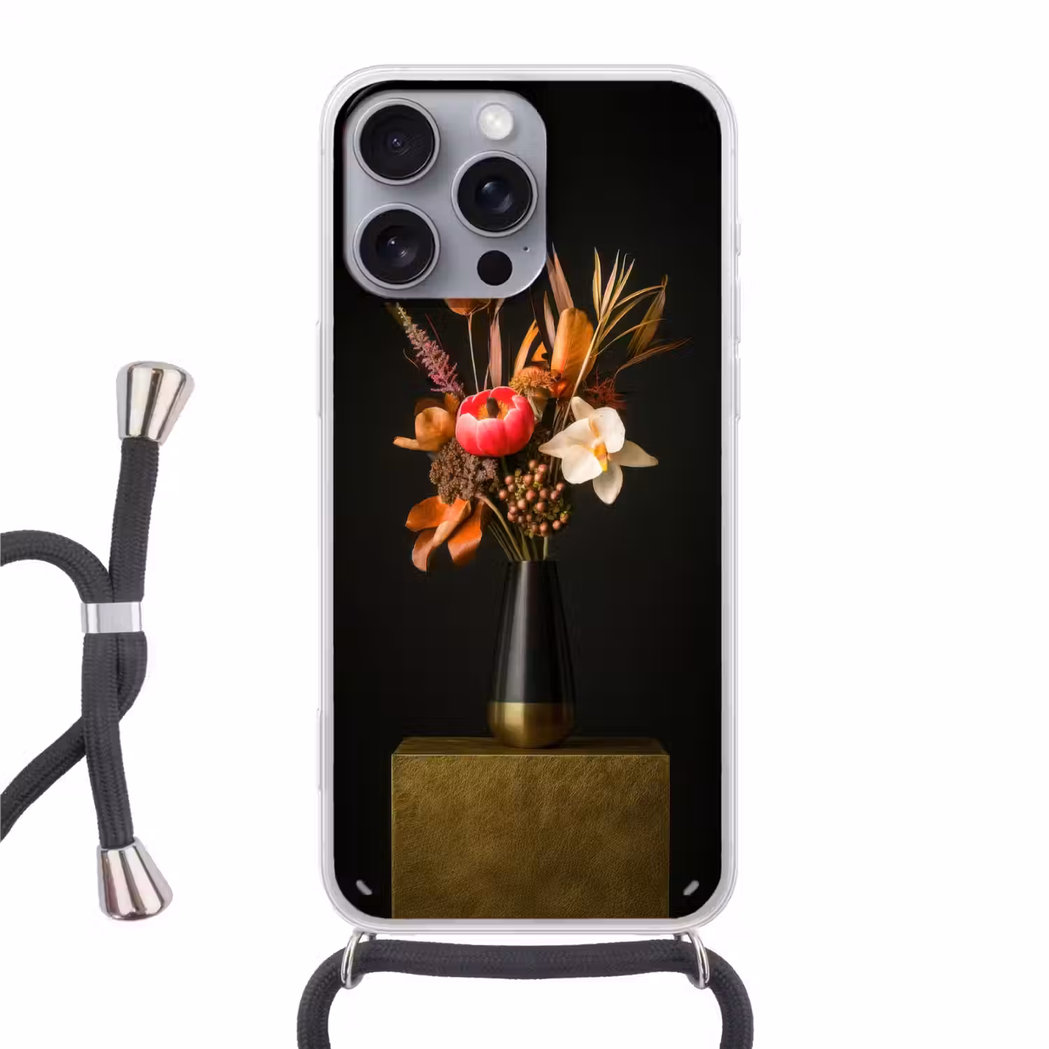Boeket - Oranje - Gouden - vaas Hoesje iPhone 16 Pro Max met koord klein -3d