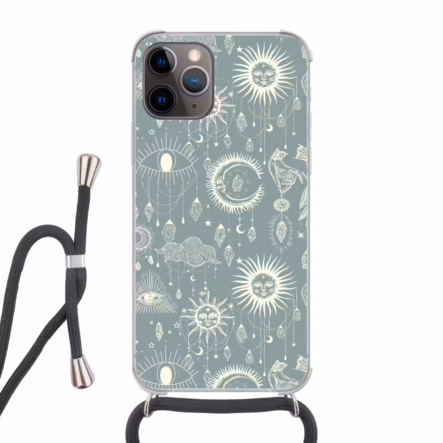 Boho - Print - Blauw - Zon - Ogen - Zen Hoesje iPhone 12 Pro met koord klein -3d