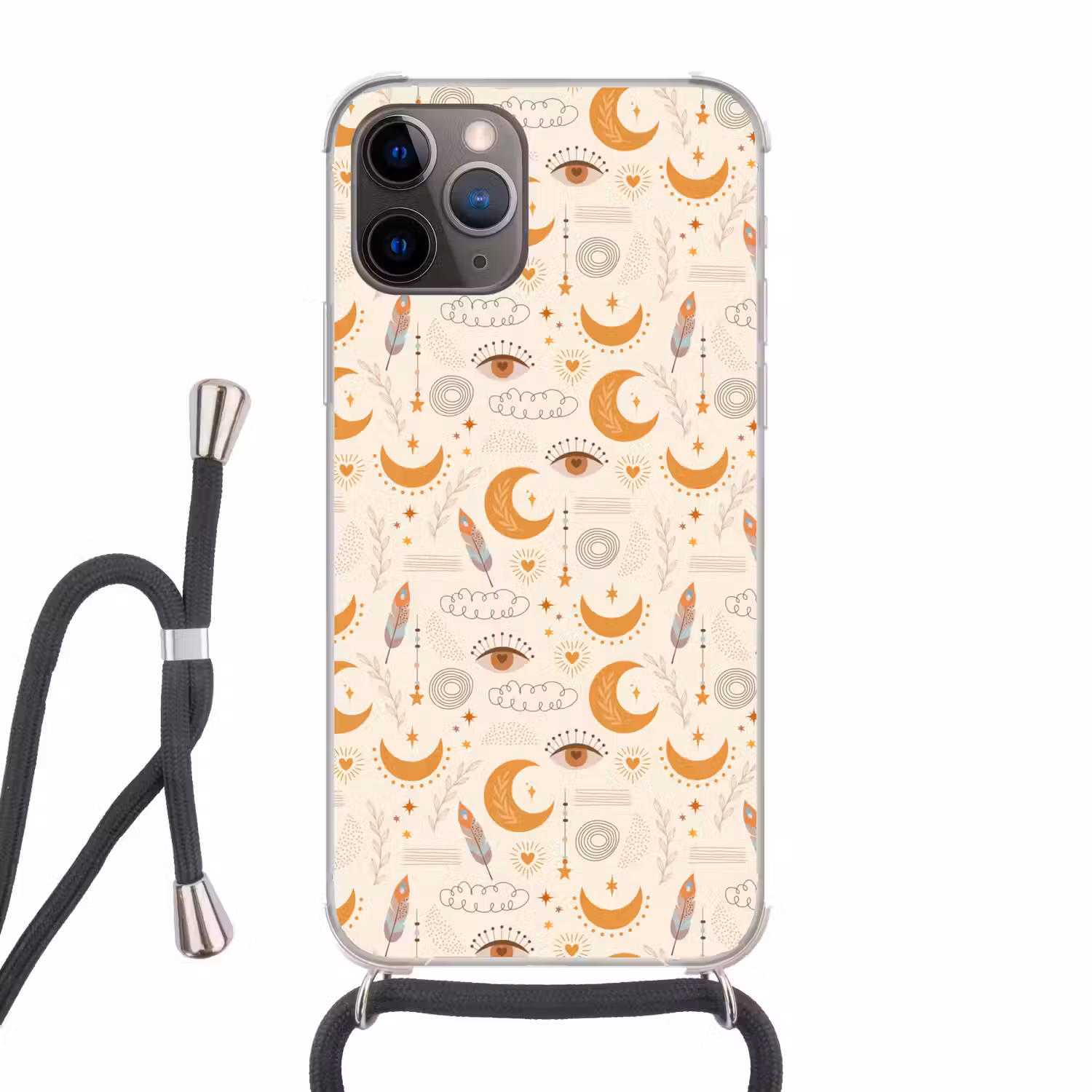 Boho - Print - Ogen - Maan - Veren - Beige Hoesje iPhone 12 Pro met koord klein -3d