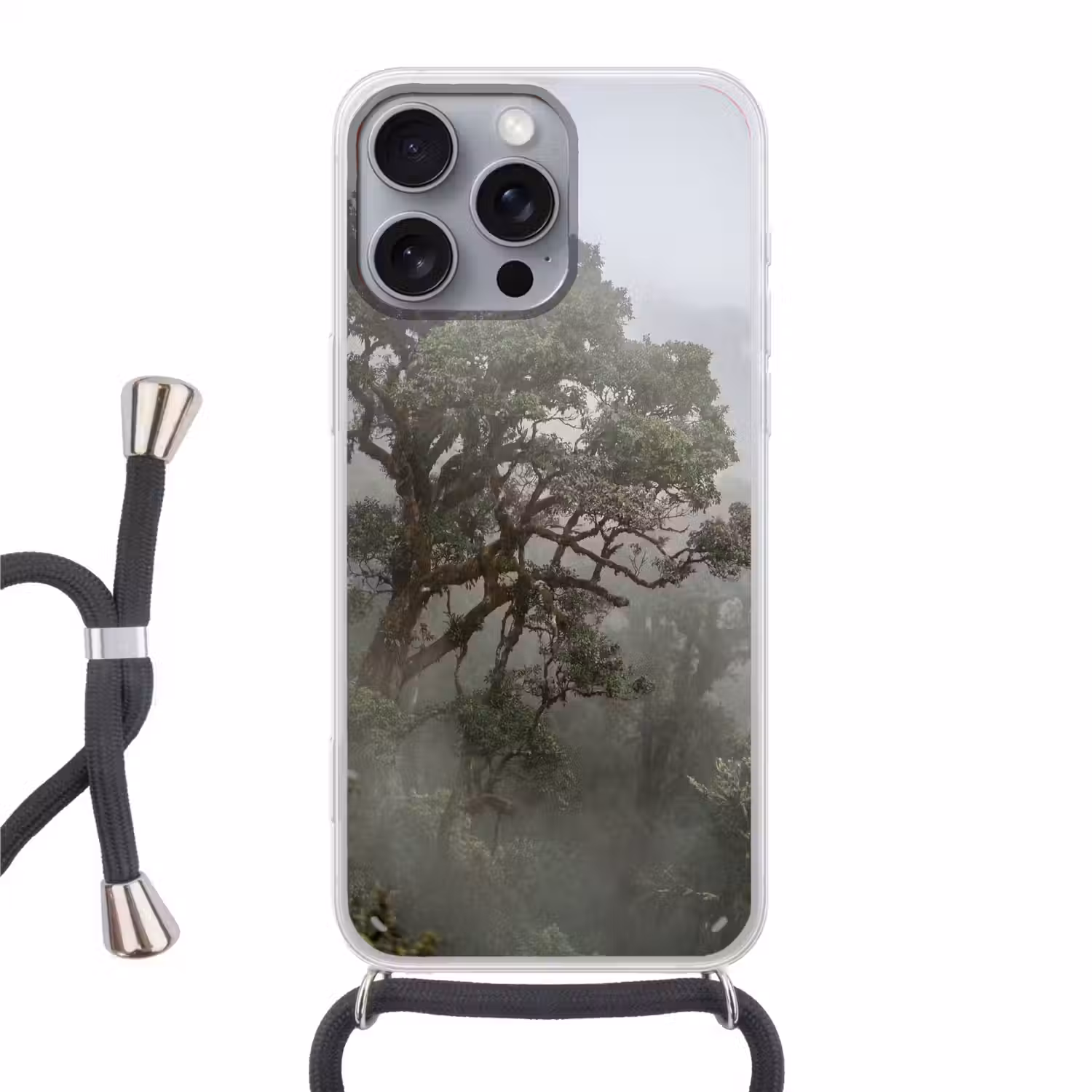 Boom - Mistig - Bos - Groen - Natuur Hoesje iPhone 16 Pro Max met koord klein -3d