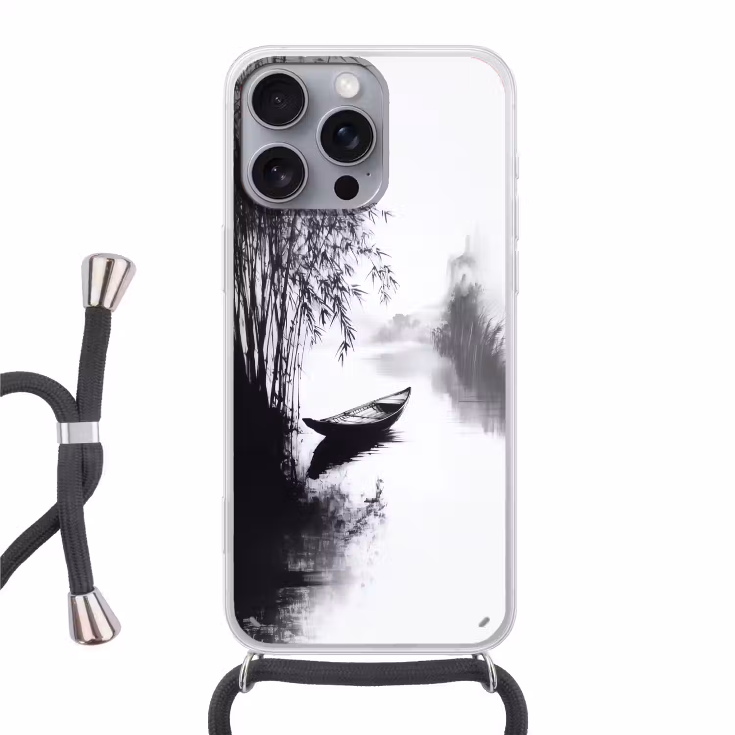 Boot - Rivier - Bamboe - Wit Hoesje iPhone 16 Pro Max met koord klein -3d