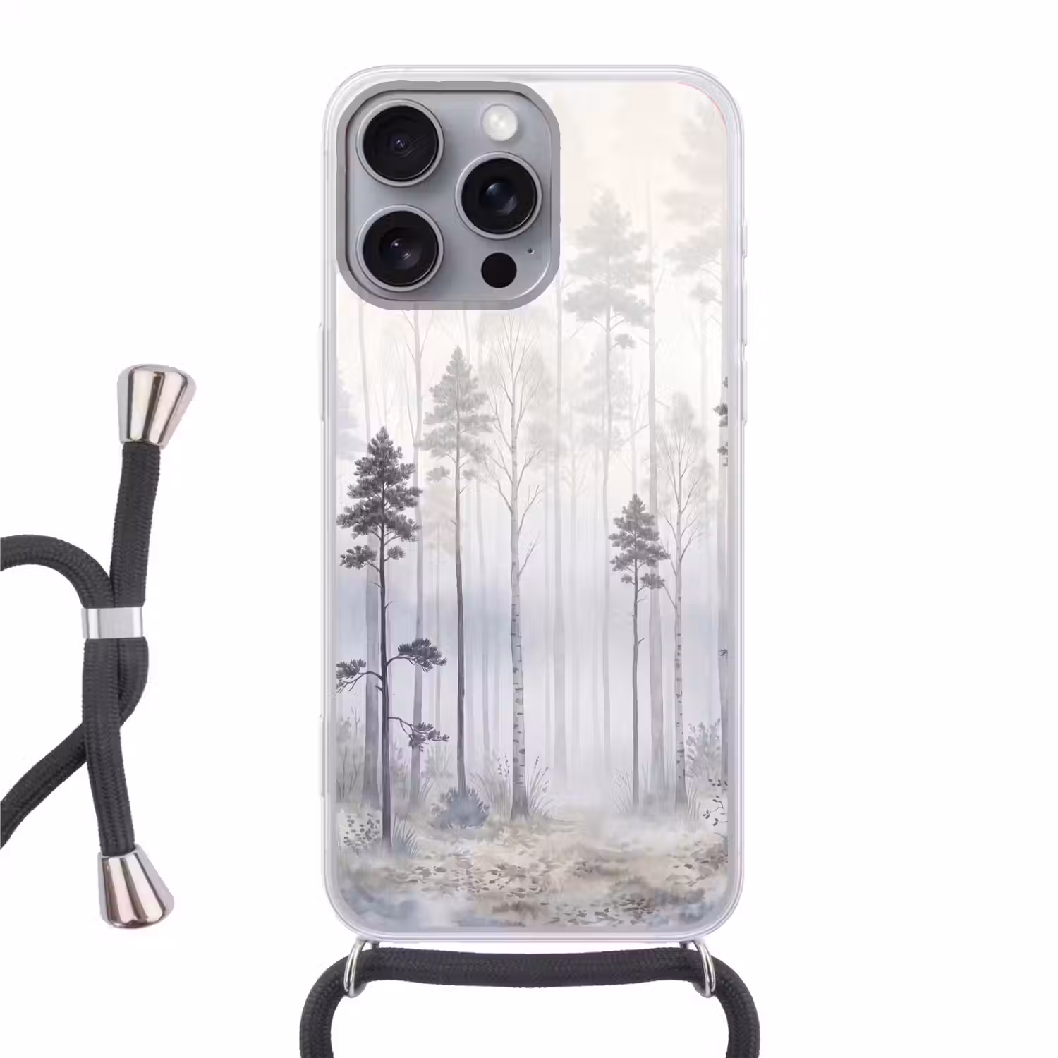 Bos - Bomen - Mist - Natuur - Illustratie - Grijs Hoesje iPhone 16 Pro Max met koord klein -3d