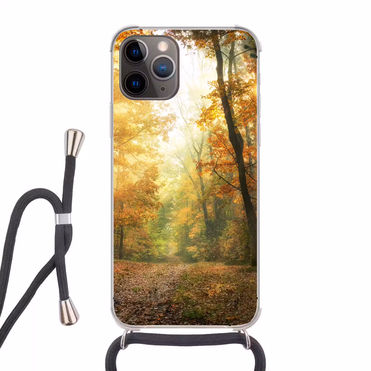 Bos - Herfst - Zon - Landschap - Natuur Hoesje iPhone 12 Pro met koord klein -3d