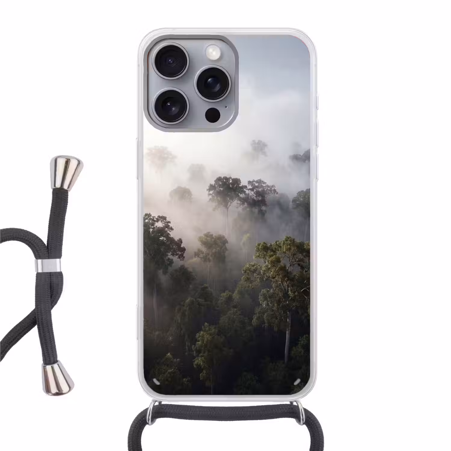 Bos - Mist - Natuur - Groen Hoesje iPhone 16 Pro Max met koord klein -3d