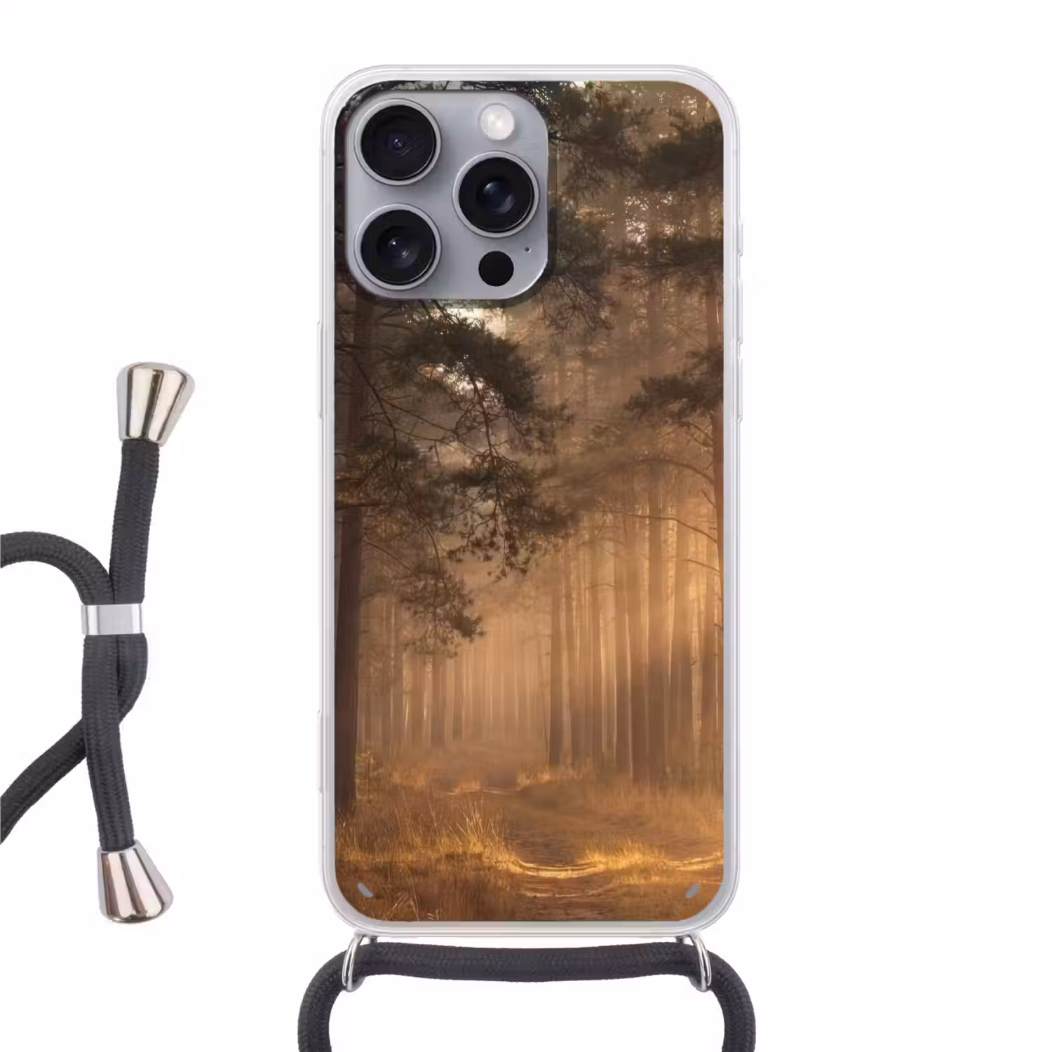 Bos - Mist - Zonlicht Hoesje iPhone 16 Pro Max met koord klein -3d