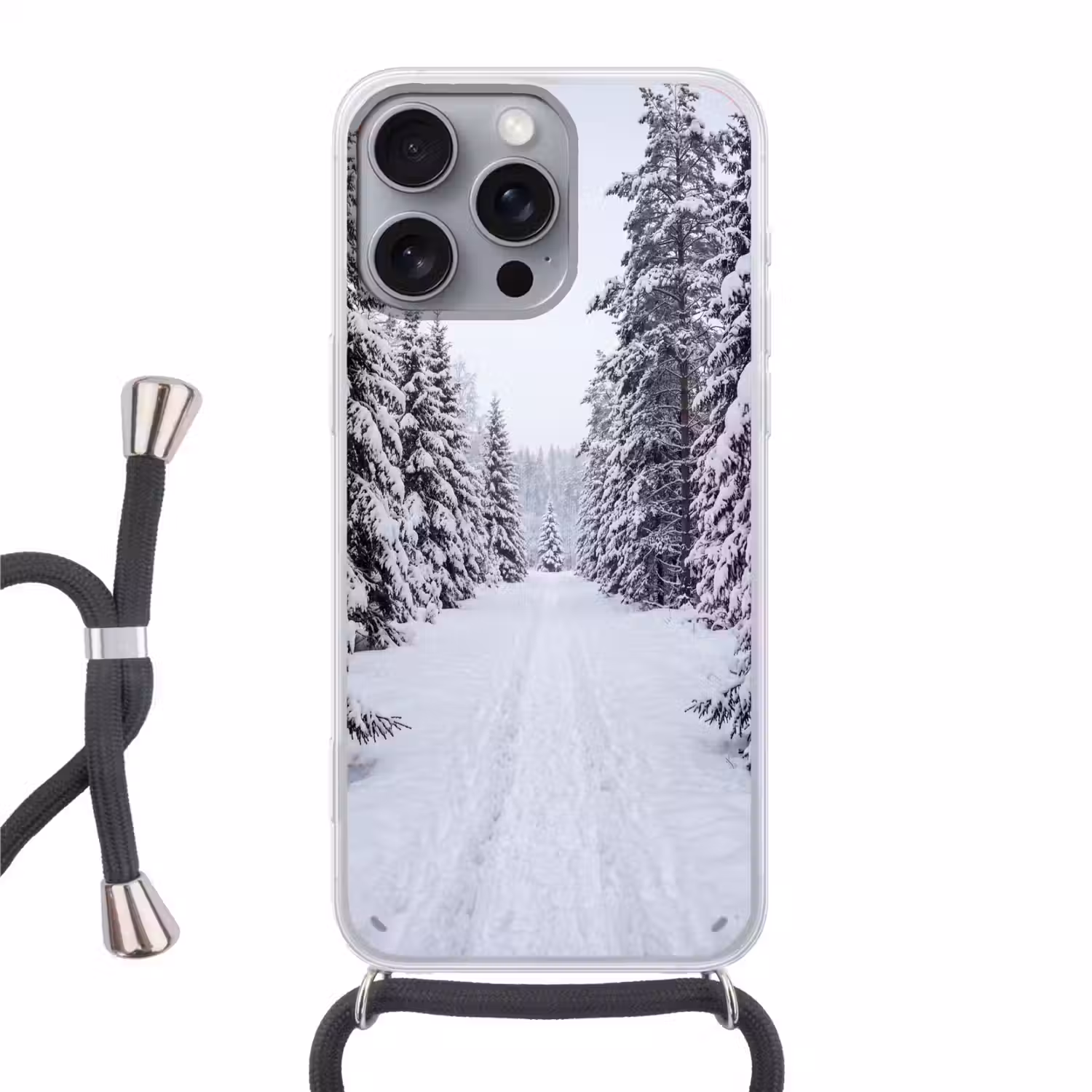 Bos - Winter - Sneeuw - Pad - Natuur Hoesje iPhone 16 Pro Max met koord klein -3d