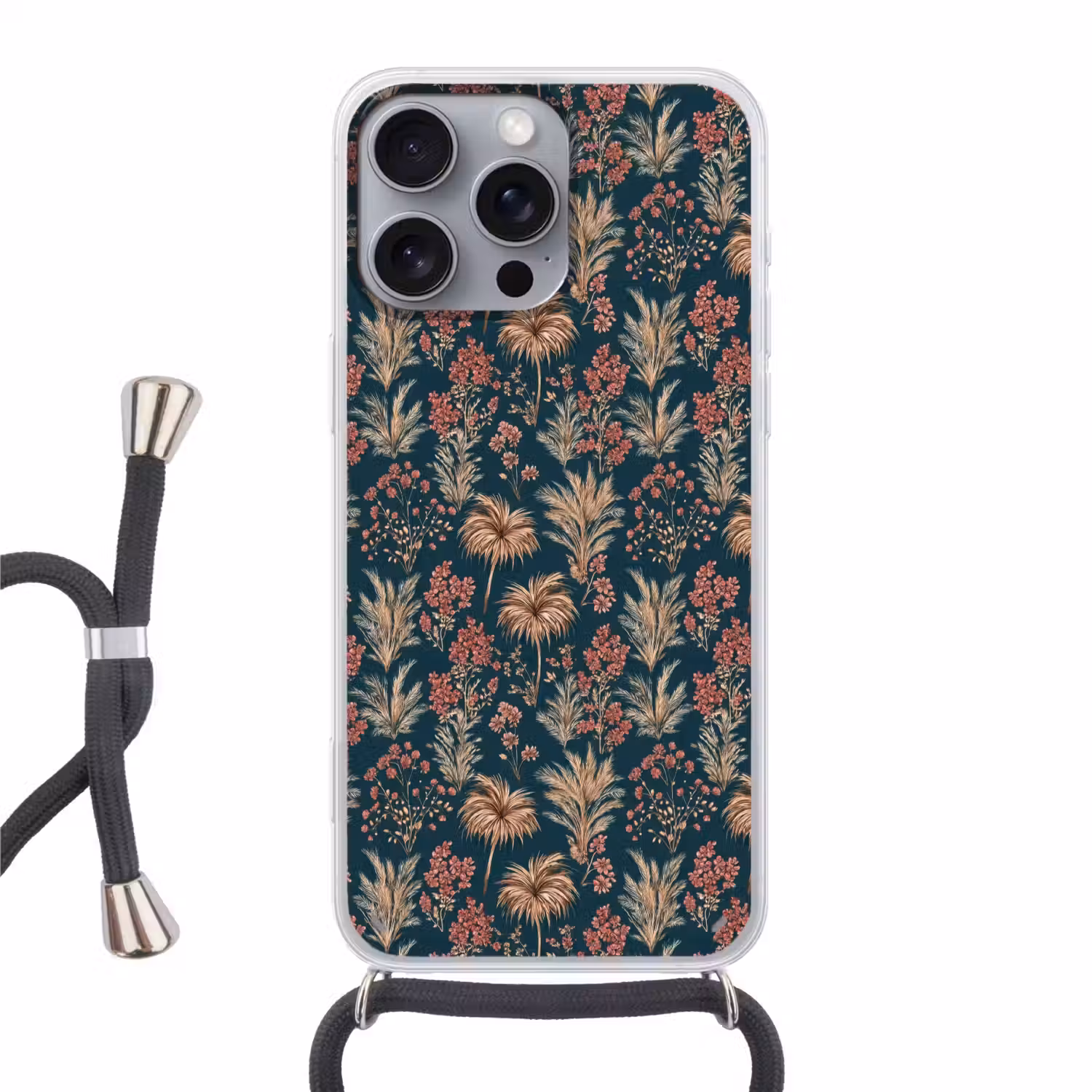 Botanisch - Patroon - Blauw Hoesje iPhone 16 Pro Max met koord klein 804 -3d