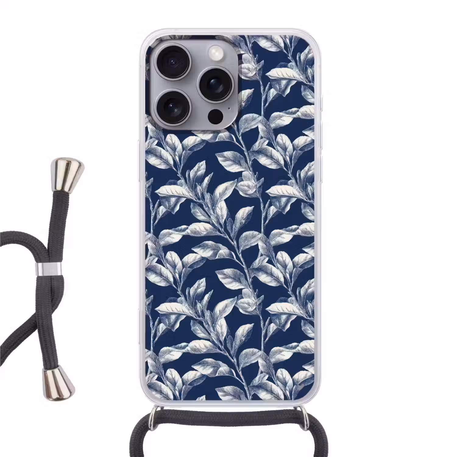 Botanisch - Patroon - Blauw Hoesje iPhone 16 Pro Max met koord klein 804 -3d