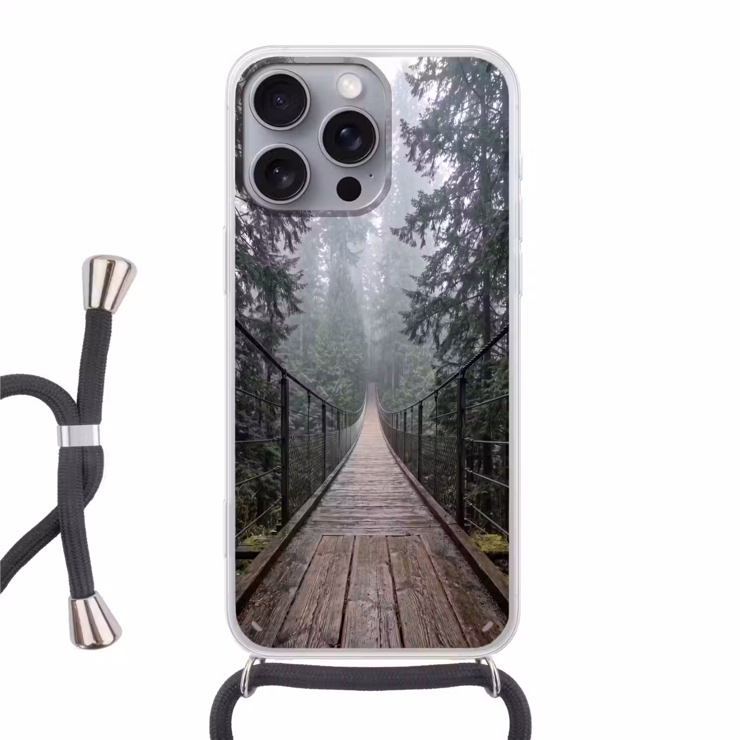 Brug - Bos - Mist - Natuur Hoesje iPhone 16 Pro Max met koord klein -3d