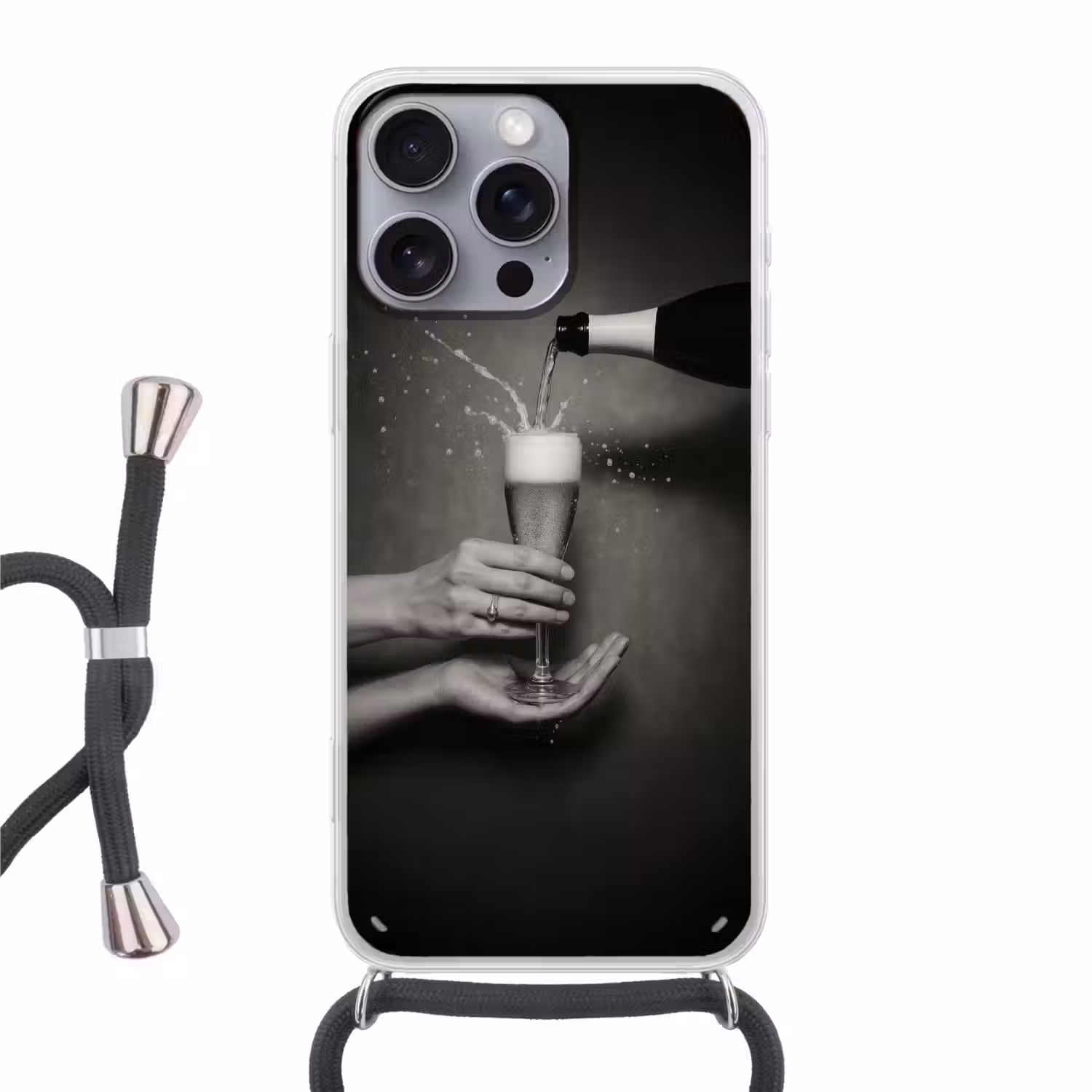 Champagnefles - Glas - Minimalistisch - Spetters Hoesje iPhone 16 Pro Max met koord klein -3d