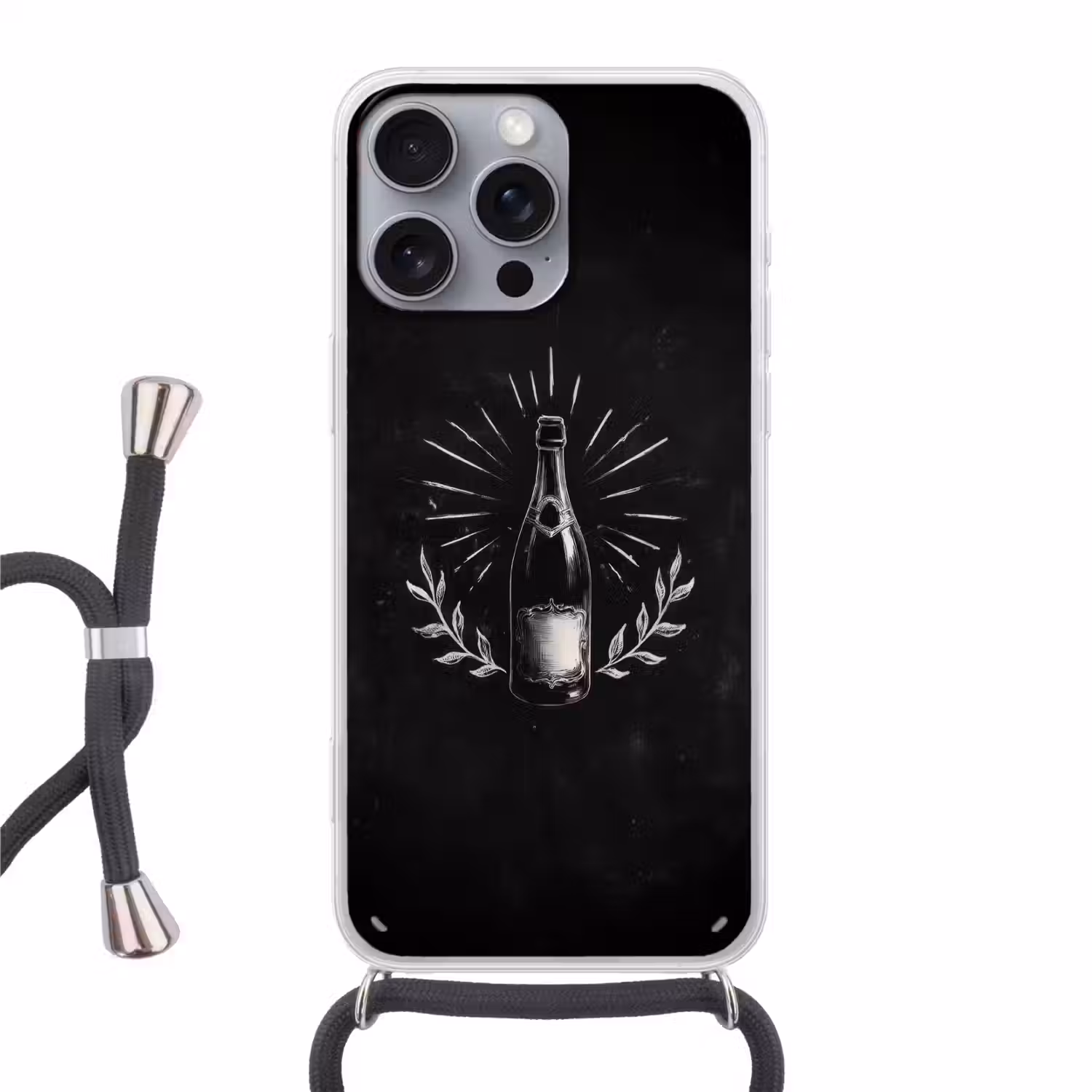 Champagnefles - Lauriertakken - Zwarte achtergrond Hoesje iPhone 16 Pro Max met koord klein -3d