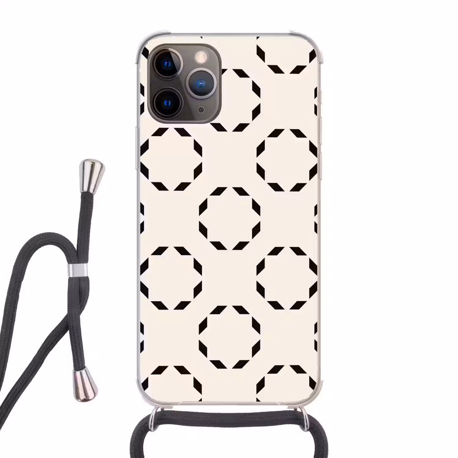 Cirkels - Patroon - Zwart - Beige - Abstract Hoesje iPhone 12 Pro met koord klein -3d