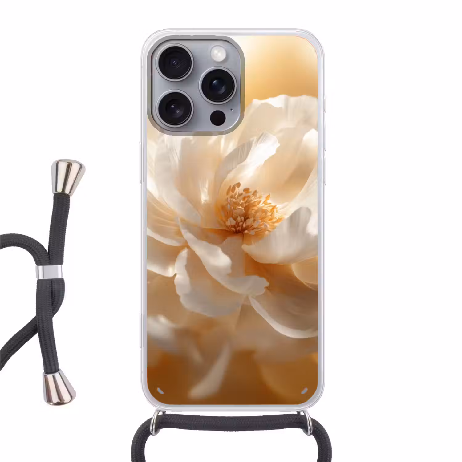 Close up - Pioenroos - Wit Hoesje iPhone 16 Pro Max met koord klein -3d