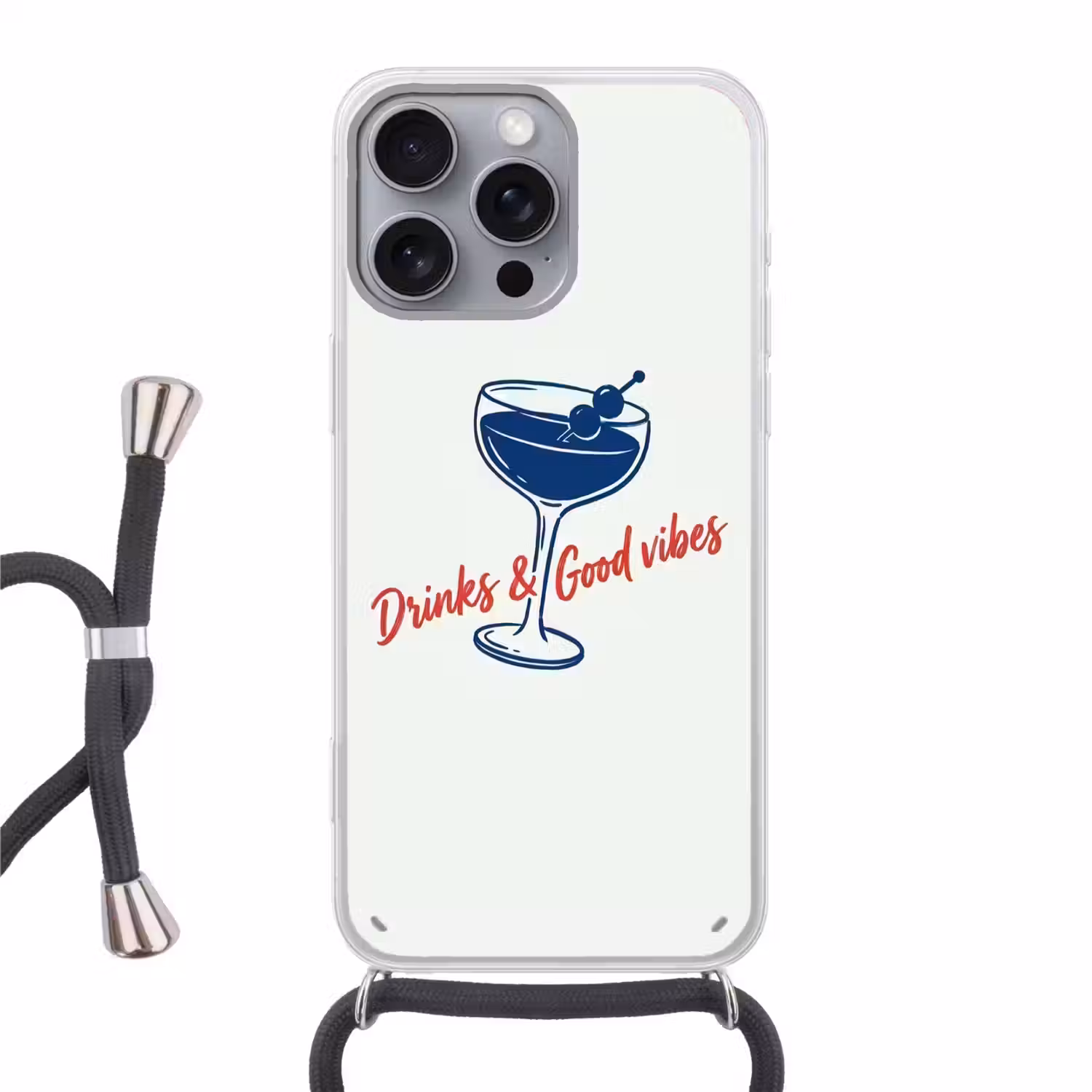 Cocktail - Glas - Illustratie - Blauw - Wit Hoesje iPhone 16 Pro Max met koord klein -3d