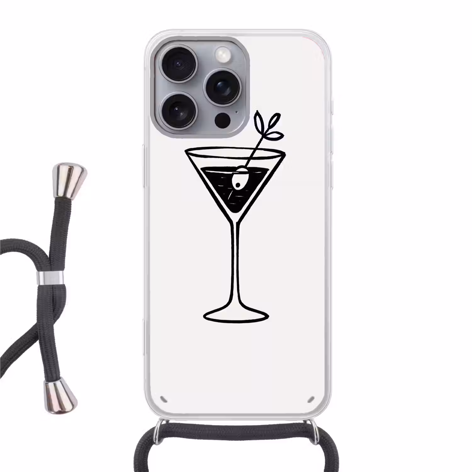 Cocktail - Glas - Olijf - Minimalistisch Hoesje iPhone 16 Pro Max met koord klein -3d
