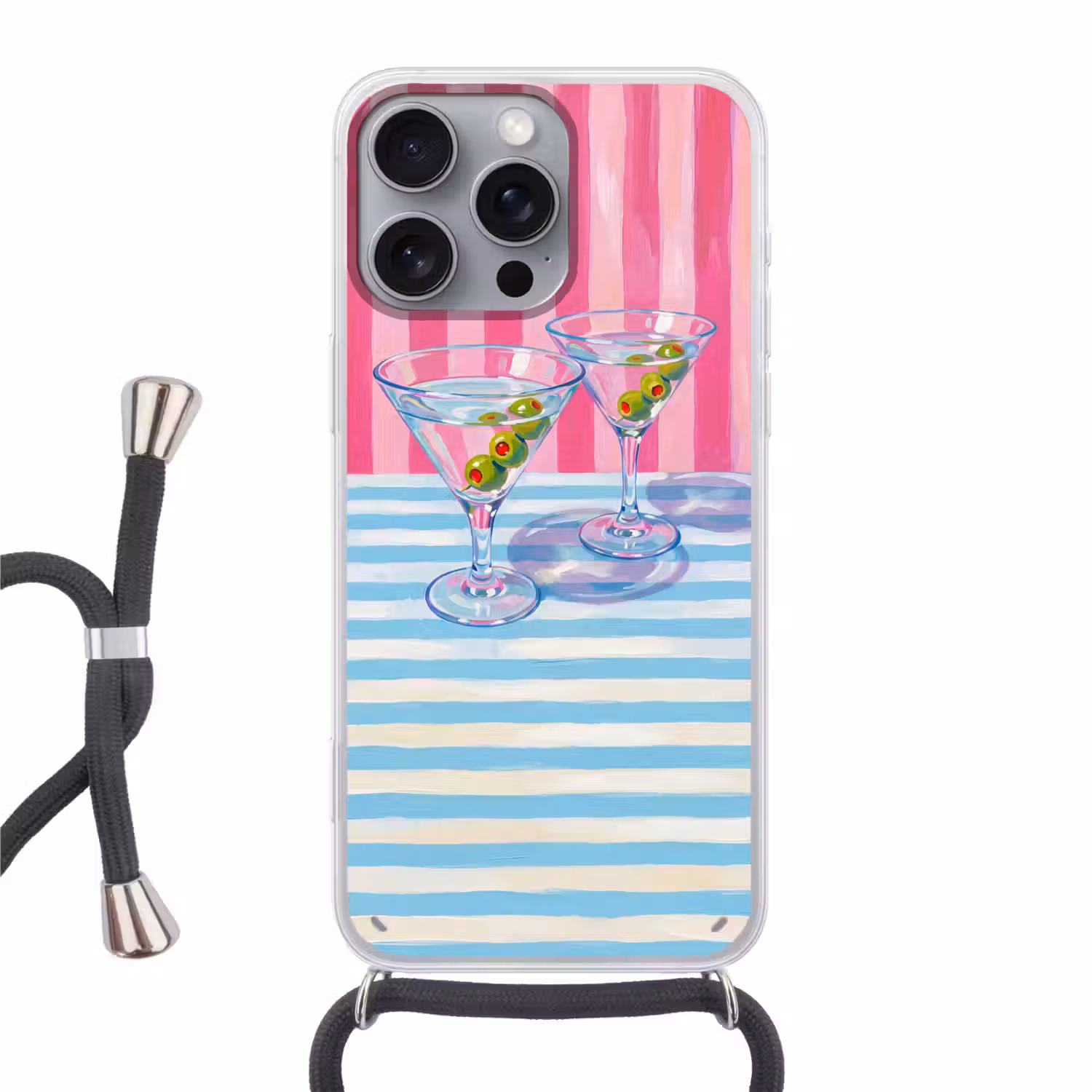Cocktail - Olijven - Kunst - Modern - Roze Hoesje iPhone 16 Pro Max met koord klein -3d