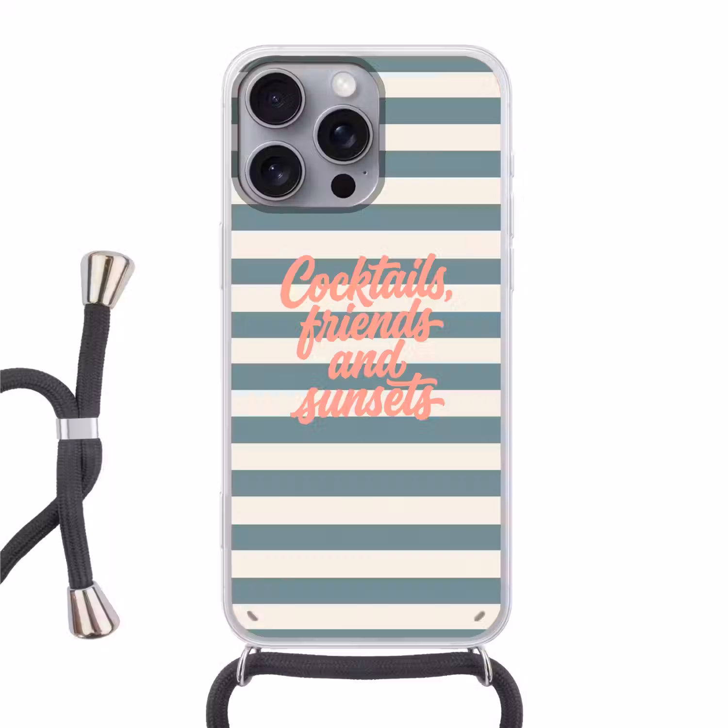Cocktails - Strepen - Blauw - Koraal Hoesje iPhone 16 Pro Max met koord klein -3d